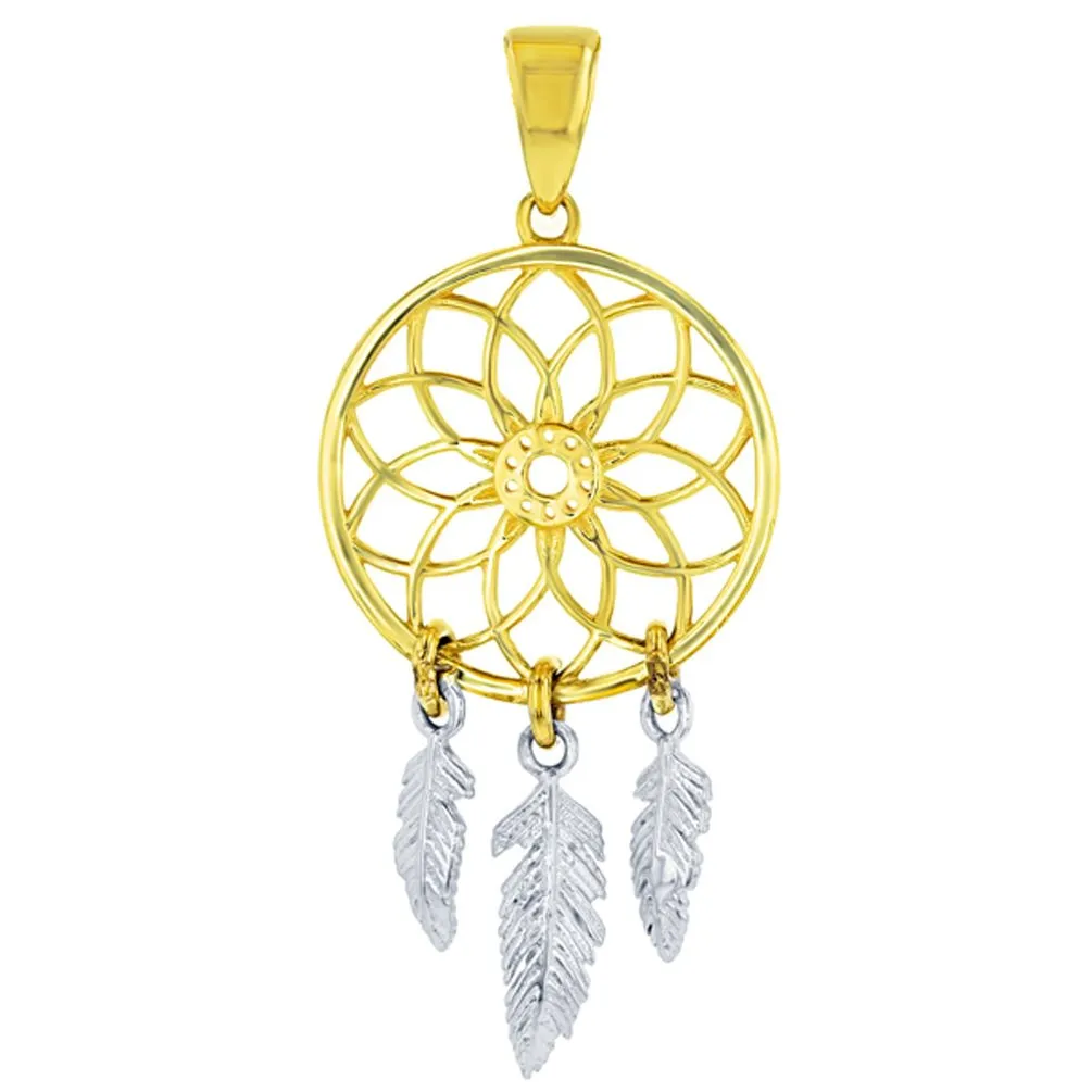 14k Two-Tone Gold Dreamcatcher Charm Pendant - Handmade Jewelry America, Unique Gift Idea