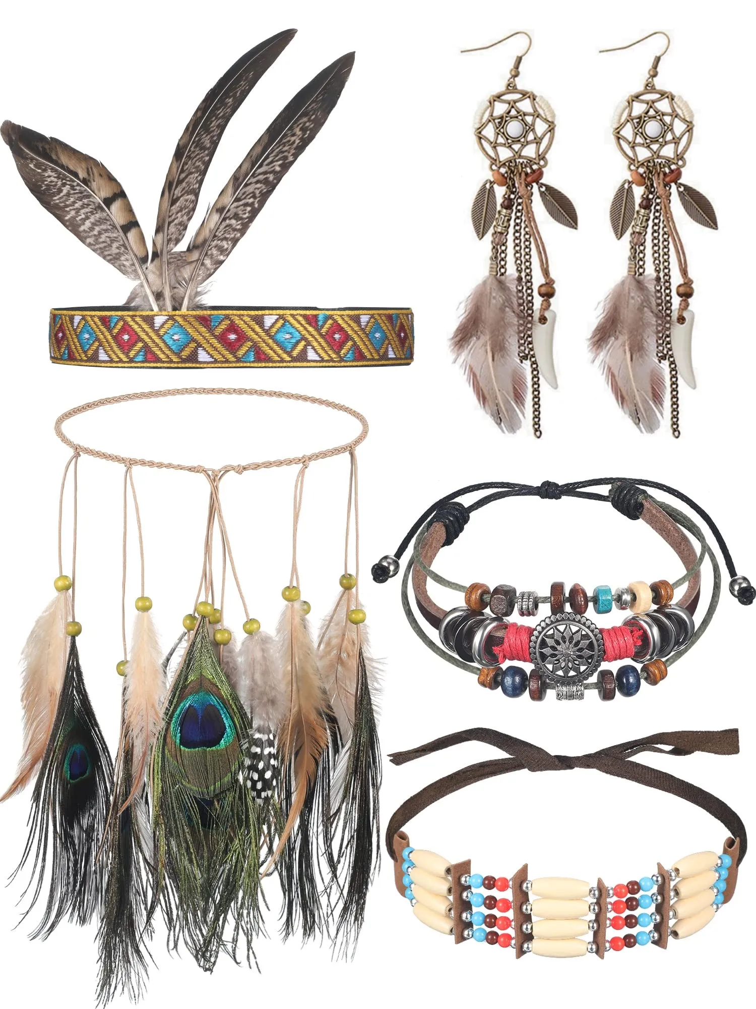 5 Pieces Indian Native American Jewelry Set with Feather Headdress, Earrings, Necklace, Bracelet