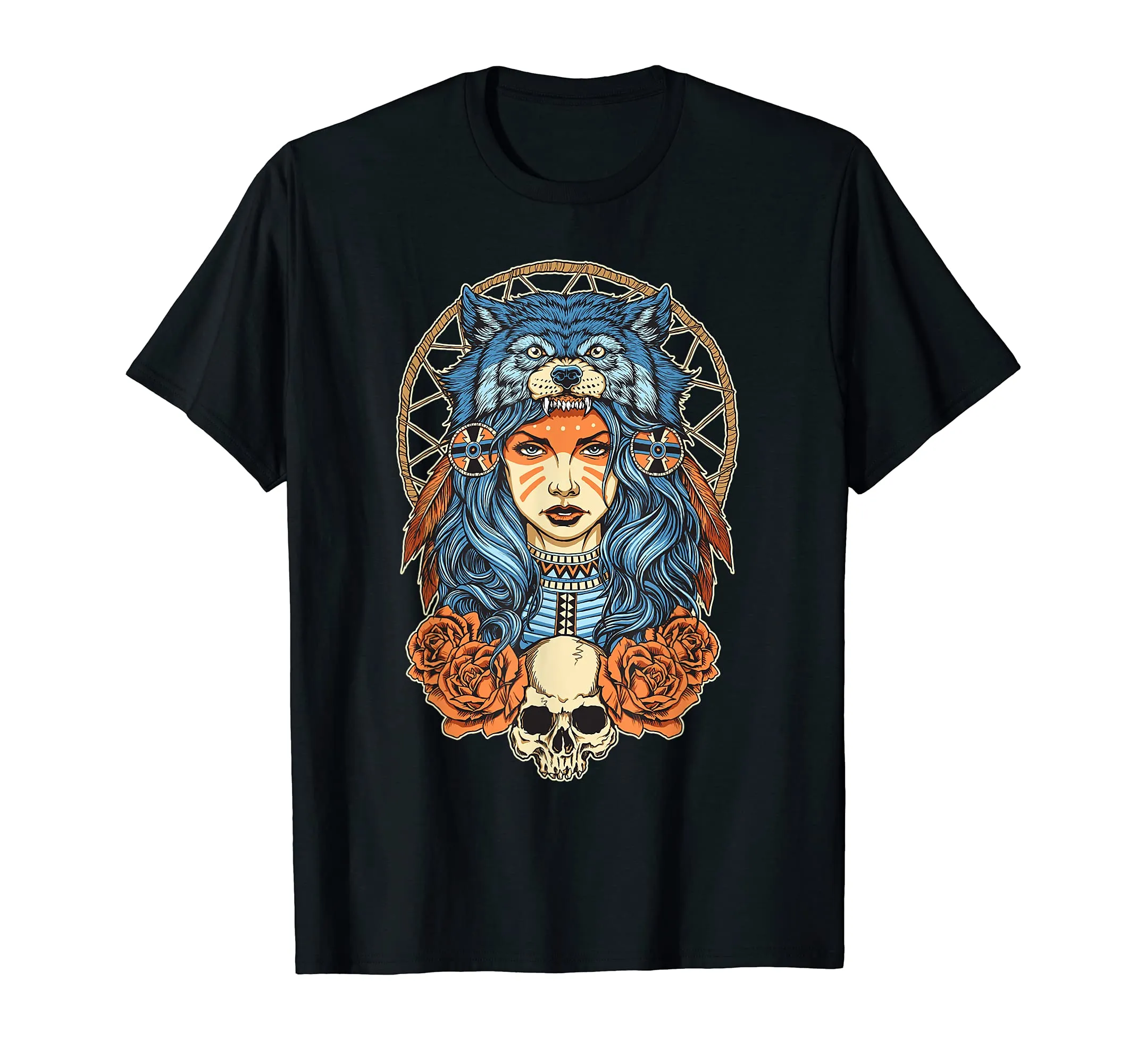 Abstract Native American Women Blue Hair Headdress Werewolf T-Shirt For Girls & Women