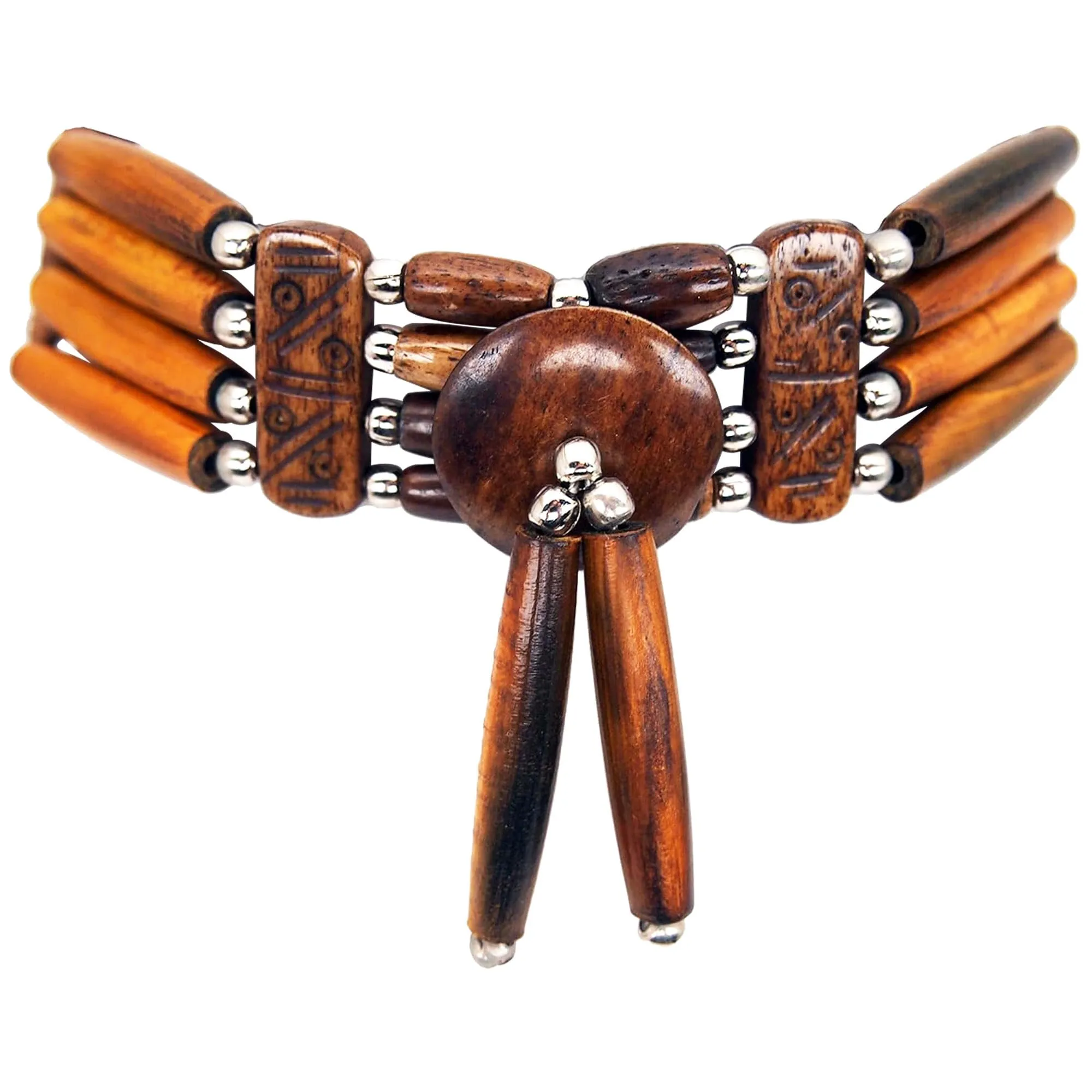 American Indian Bone Choker Necklace, 4 Row Woody Brown Hairpipe Beads, Unisex Adjustable