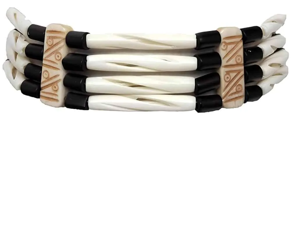 American Indian Style Bone Choker Necklace - 4 Row Black/White Hairpipe, Unisex Adjustable