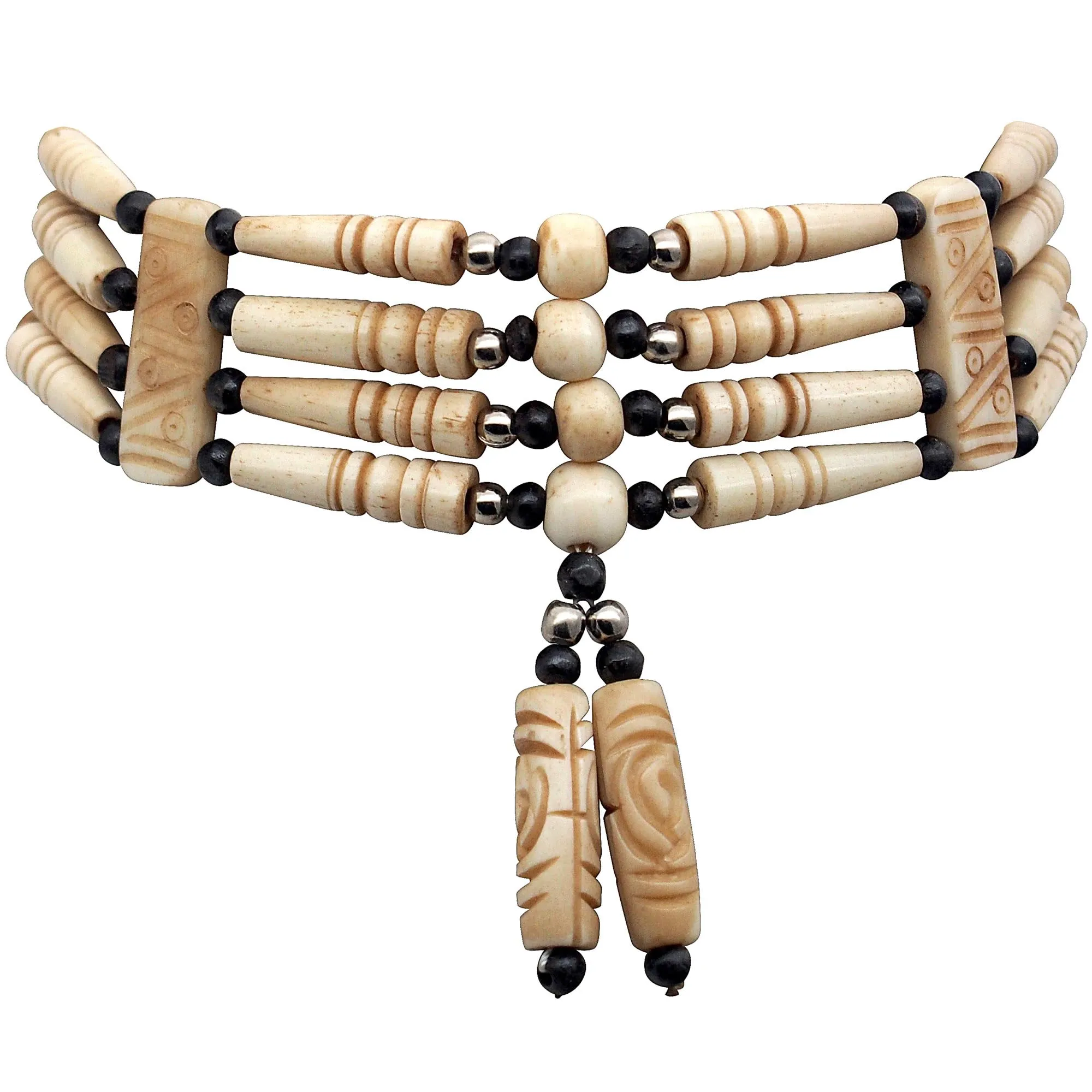 American Indian Style Bone Choker Necklace, 4 Row Tan Hairpipe Beads, Unisex Adjustable