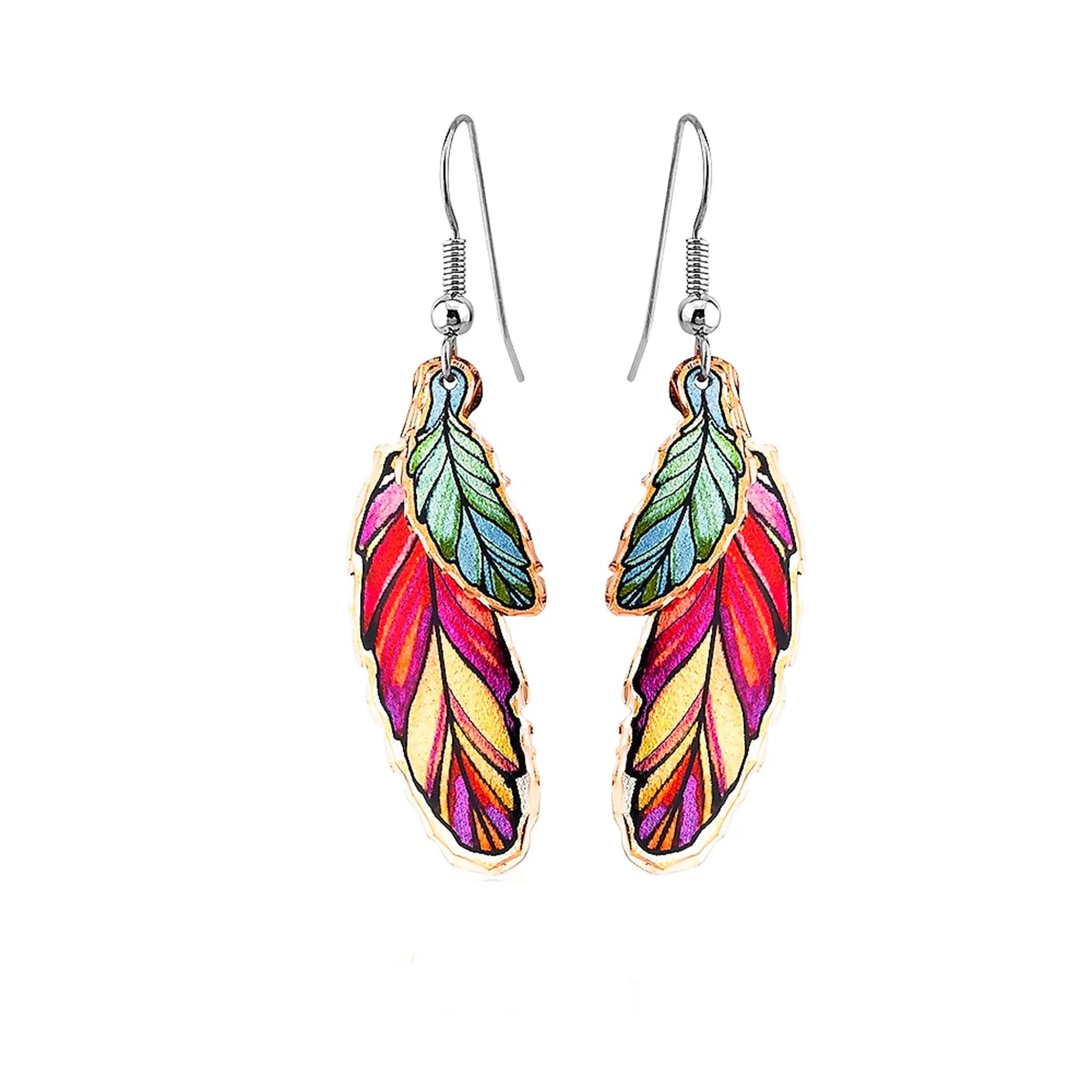 Artisan-crafted Women's Native American Red Feather Earrings - Double-Layered Jewelry