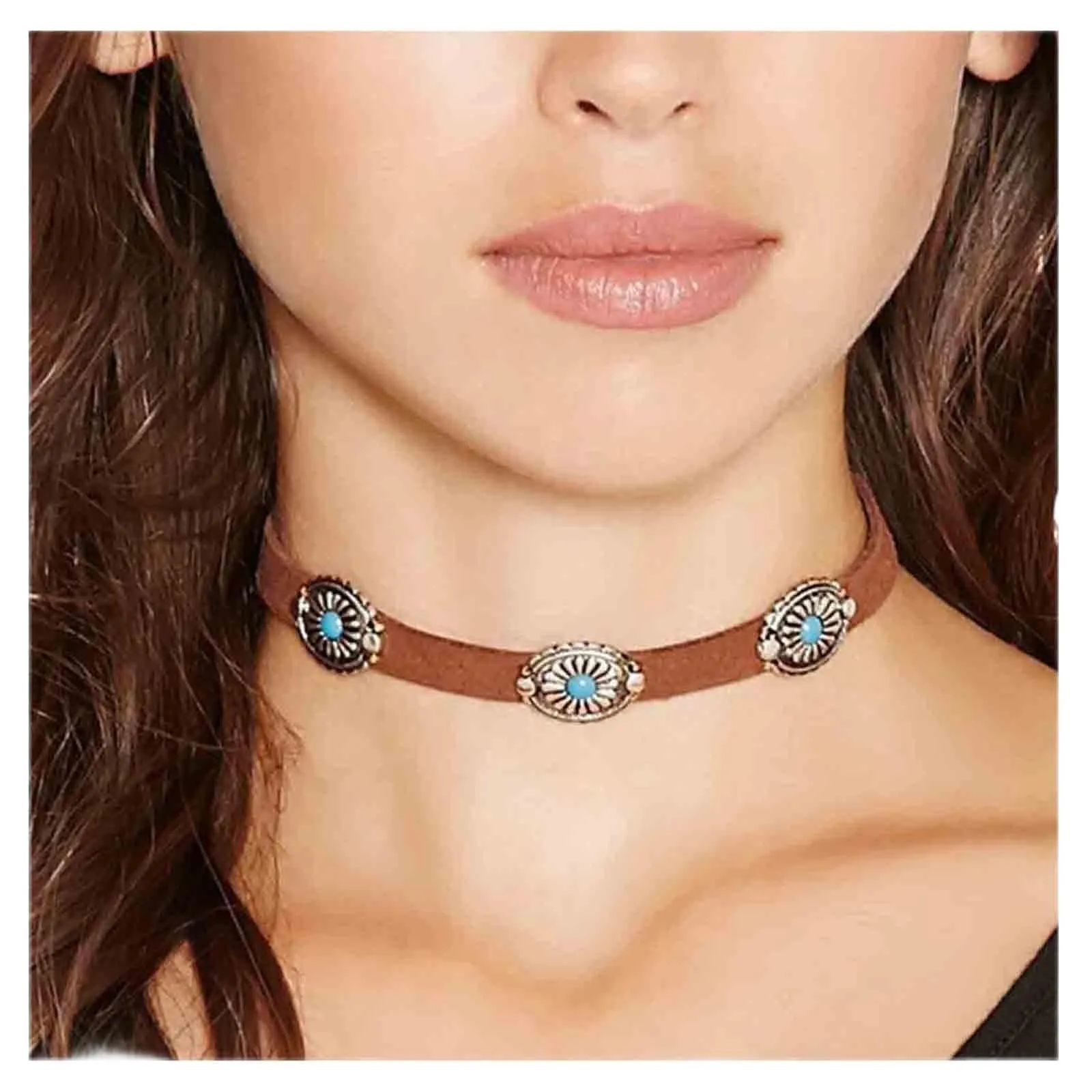 Bohemia Turquoise Leather Choker Necklace - Brown Suede, 14-inch with 2-inch Extension Chain