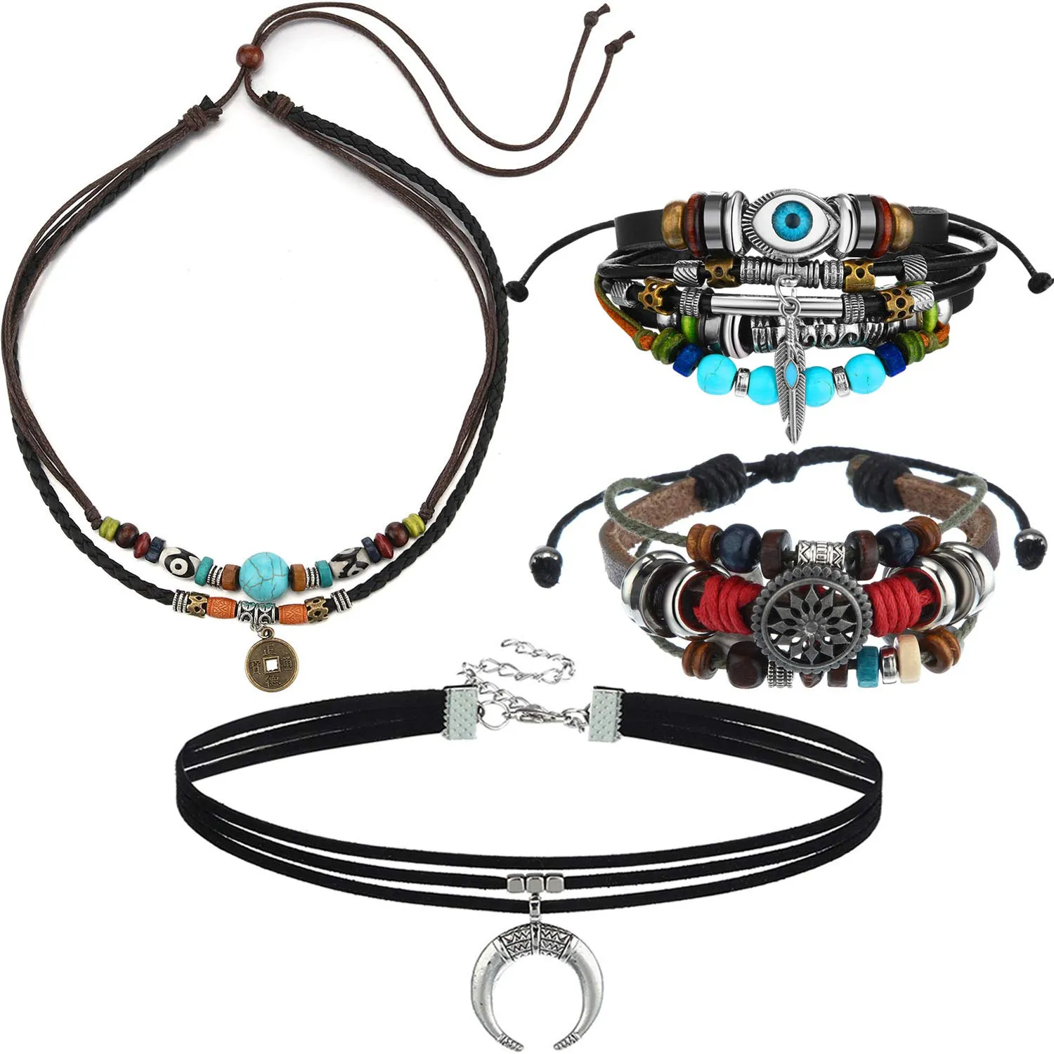 Bohemian Leather Necklace Set with Crescent Choker & Beaded Multilayer Bracelets for Parties