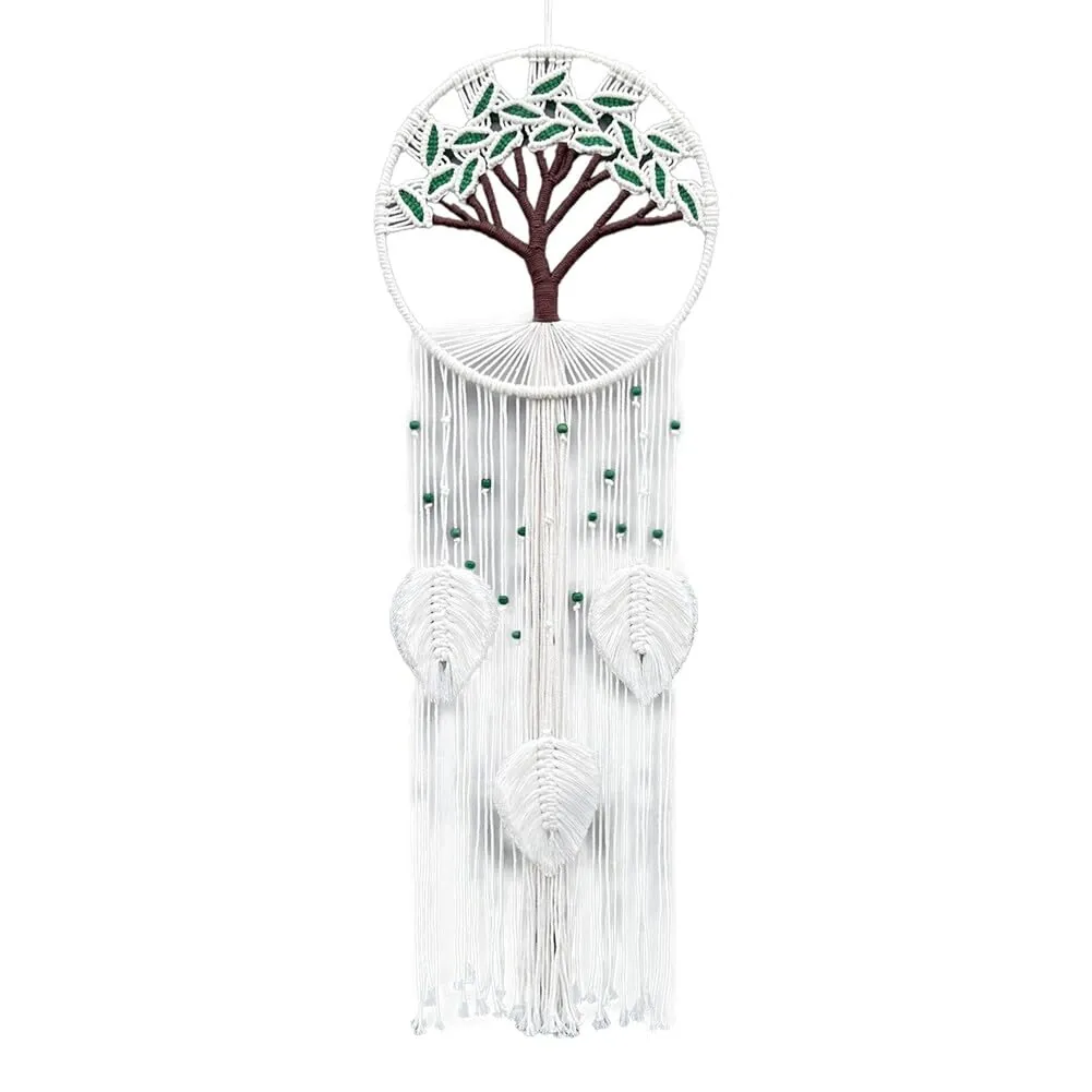 Boho Macrame Tree of Life Dream Catcher 110cmx30cm Handmade White Green Wall Tapestry