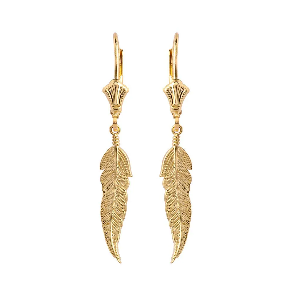 Certified 14k Yellow Gold Native American Feather Leaf Dangle Earrings by Claddagh Gold