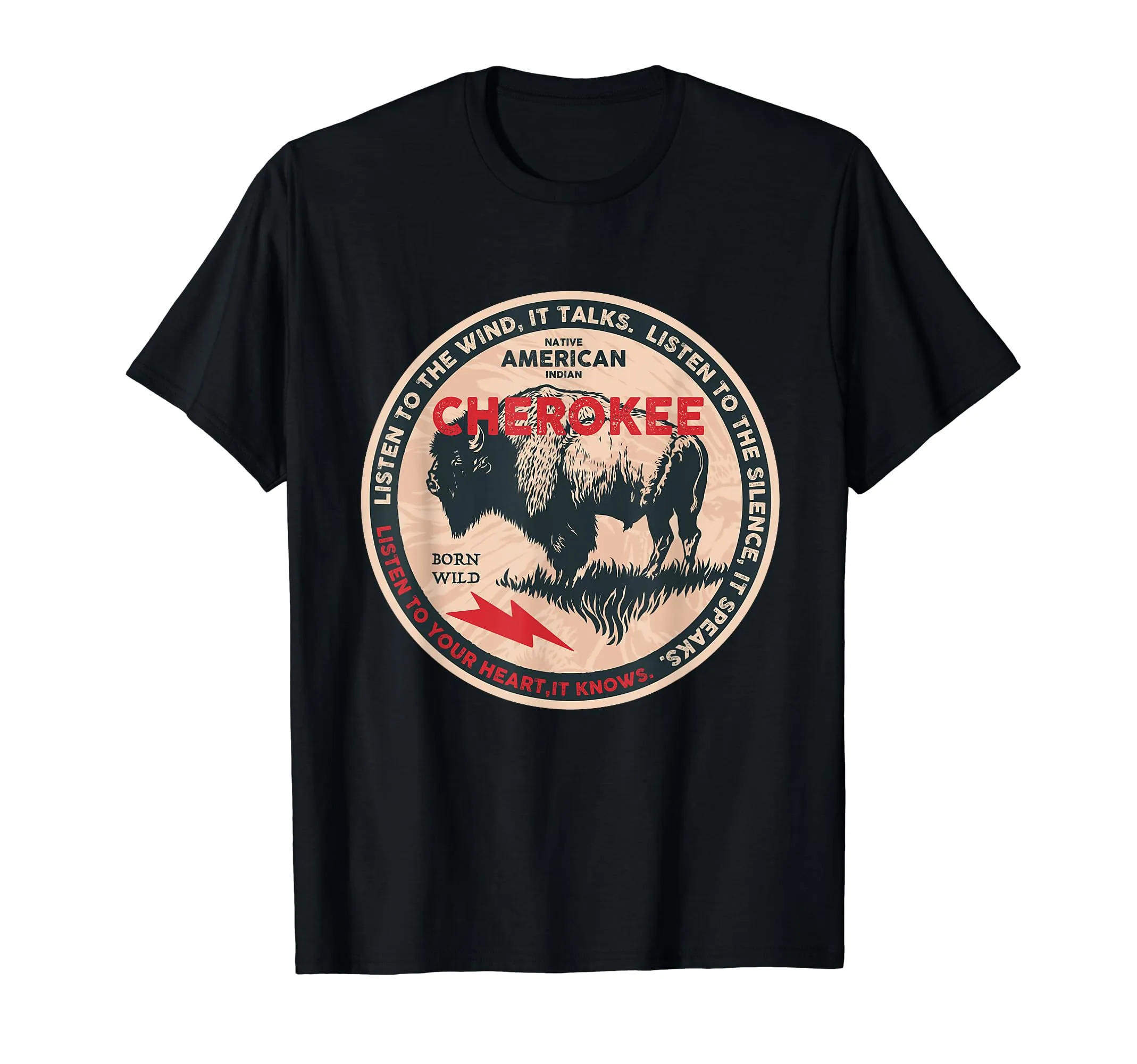 Cherokee Native American Buffalo T-Shirt – Distressed Retro Design, Lightweight Classic Fit