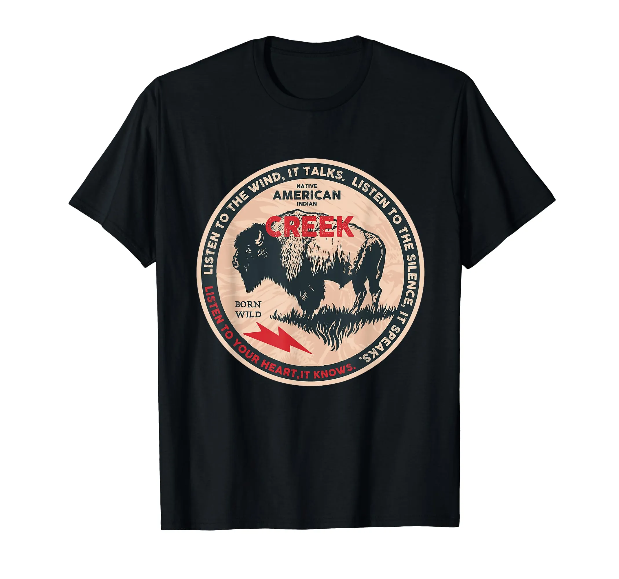 Creek Native American Buffalo T-Shirt - Distressed Look, Lightweight Classic Fit, Retro Pride