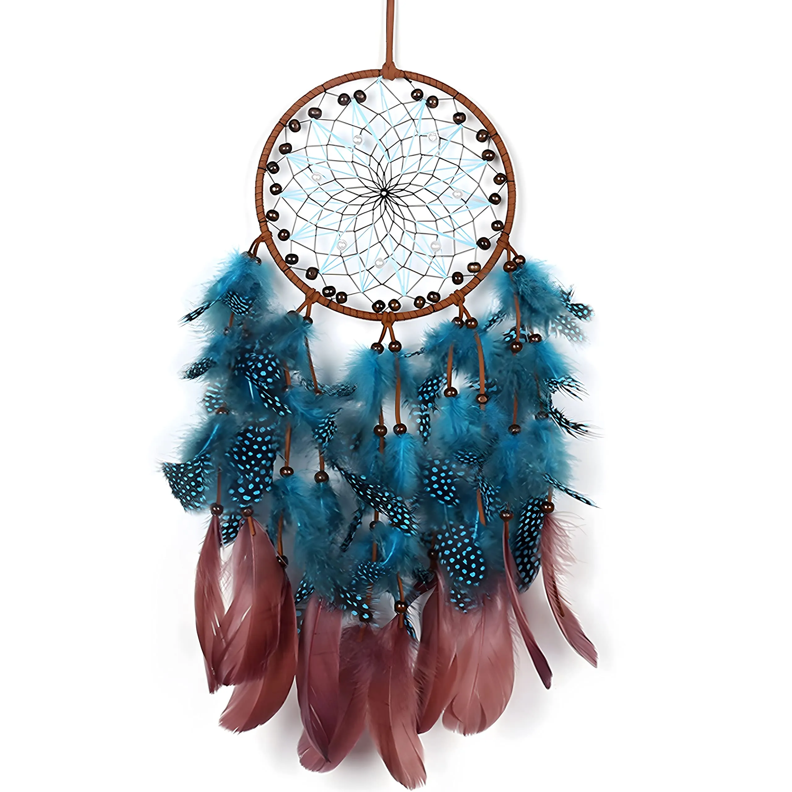 Dream Catcher Boho Sun with Peacock Green Feathers, Handmade Pearl & Wooden Beads, 45cm