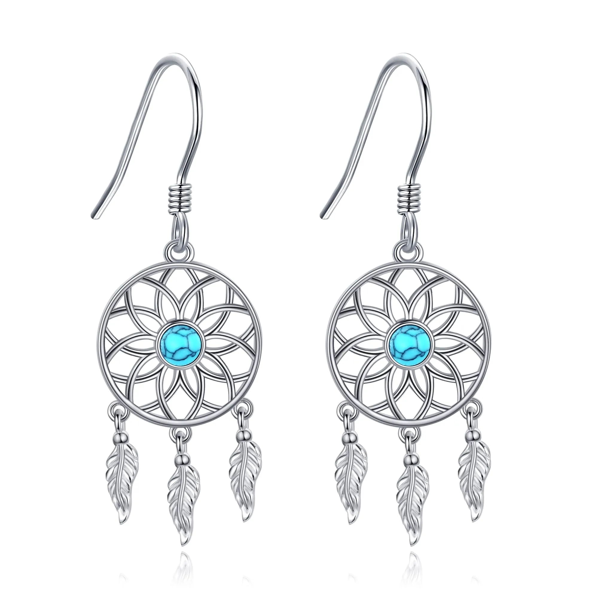 Dream Catcher Earrings 925 Sterling Silver Turquoise Lotus Dangle Jewelry for Women