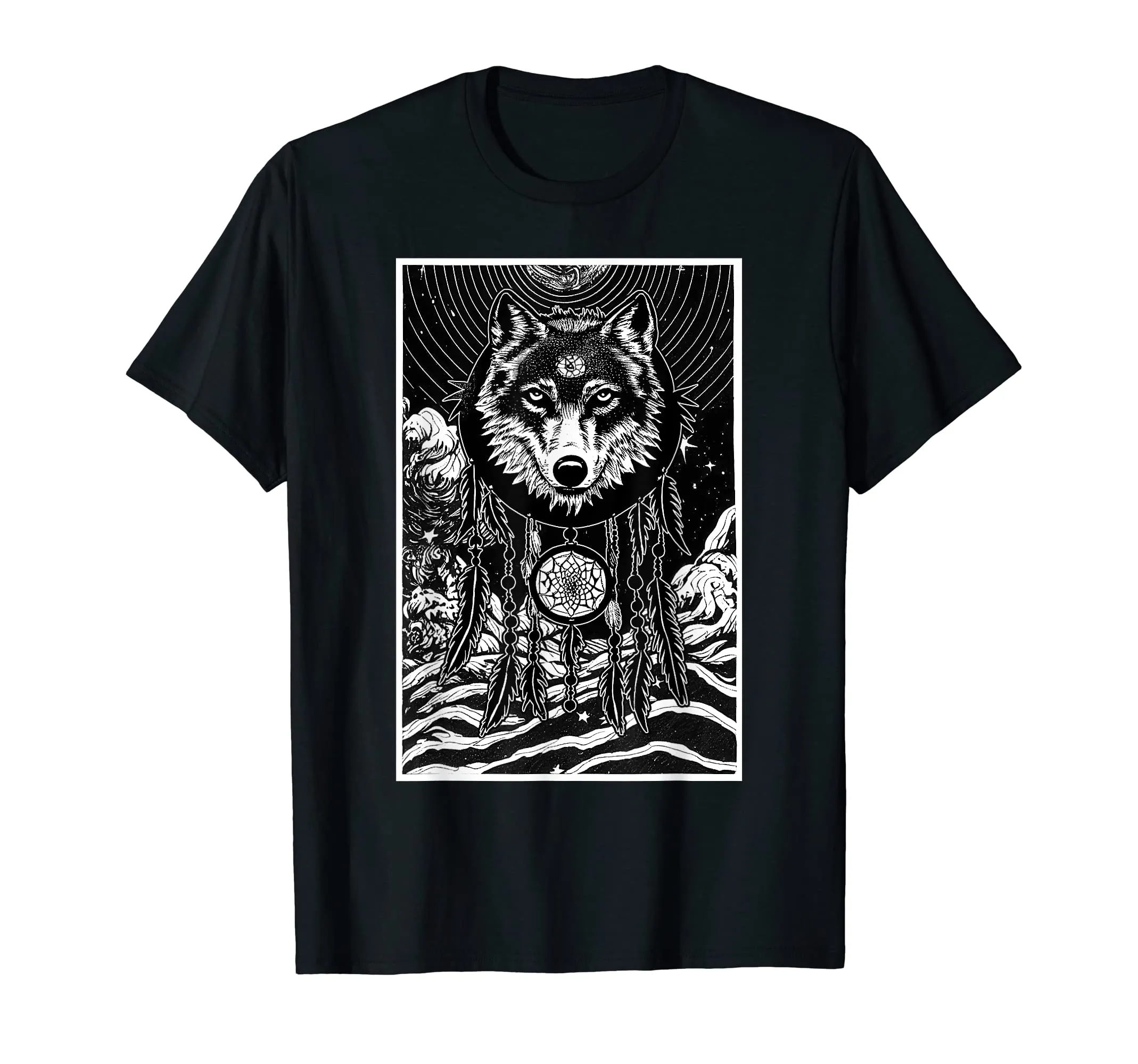 Dreamcatcher Wolf Full Moon Wiccan T-Shirt - Lightweight Native American Design, Classic Fit