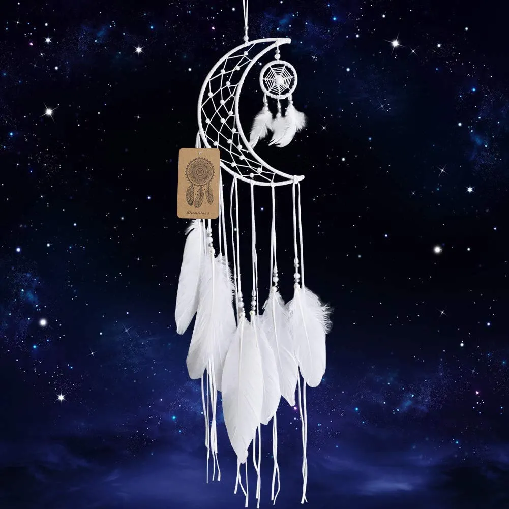 Dremisland Handmade White Feather Dream Catcher – New Moon Design, 17.7cm Diameter, 60cm Length