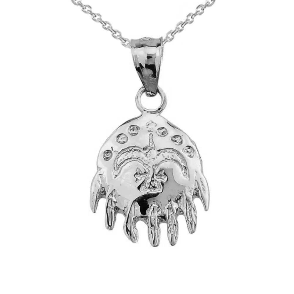 Elegant 10k White Gold Native American Medicine Shield Pendant Necklace with Thunderbird & Feathers