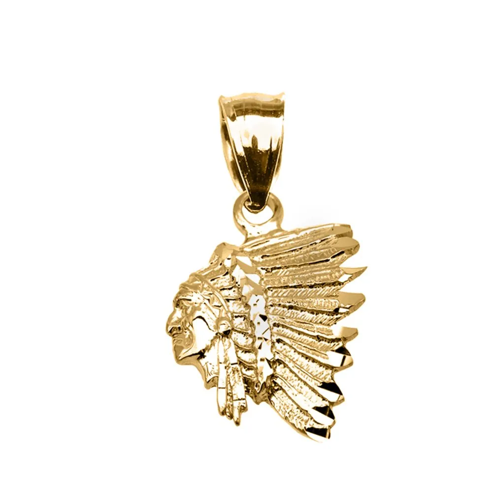 Elegant 10k Yellow Gold Native American Chief Head Pendant - Exquisite Statement Jewelry