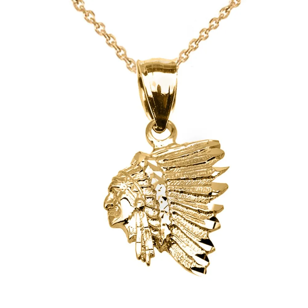 Elegant 10k Yellow Gold Native American Chief Head Pendant Necklace by Claddagh Gold