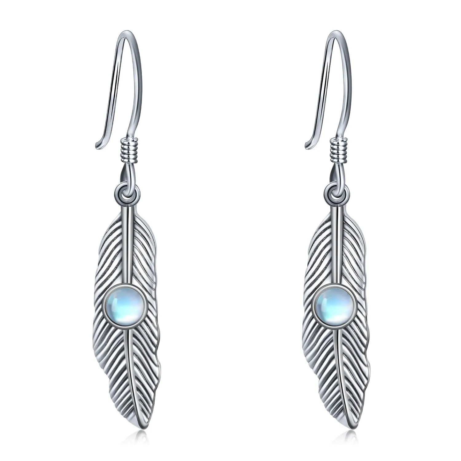 Feather Earrings 925 Sterling Silver Turquoise/Moonstone Dangle Jewelry for Women Birthday Gift