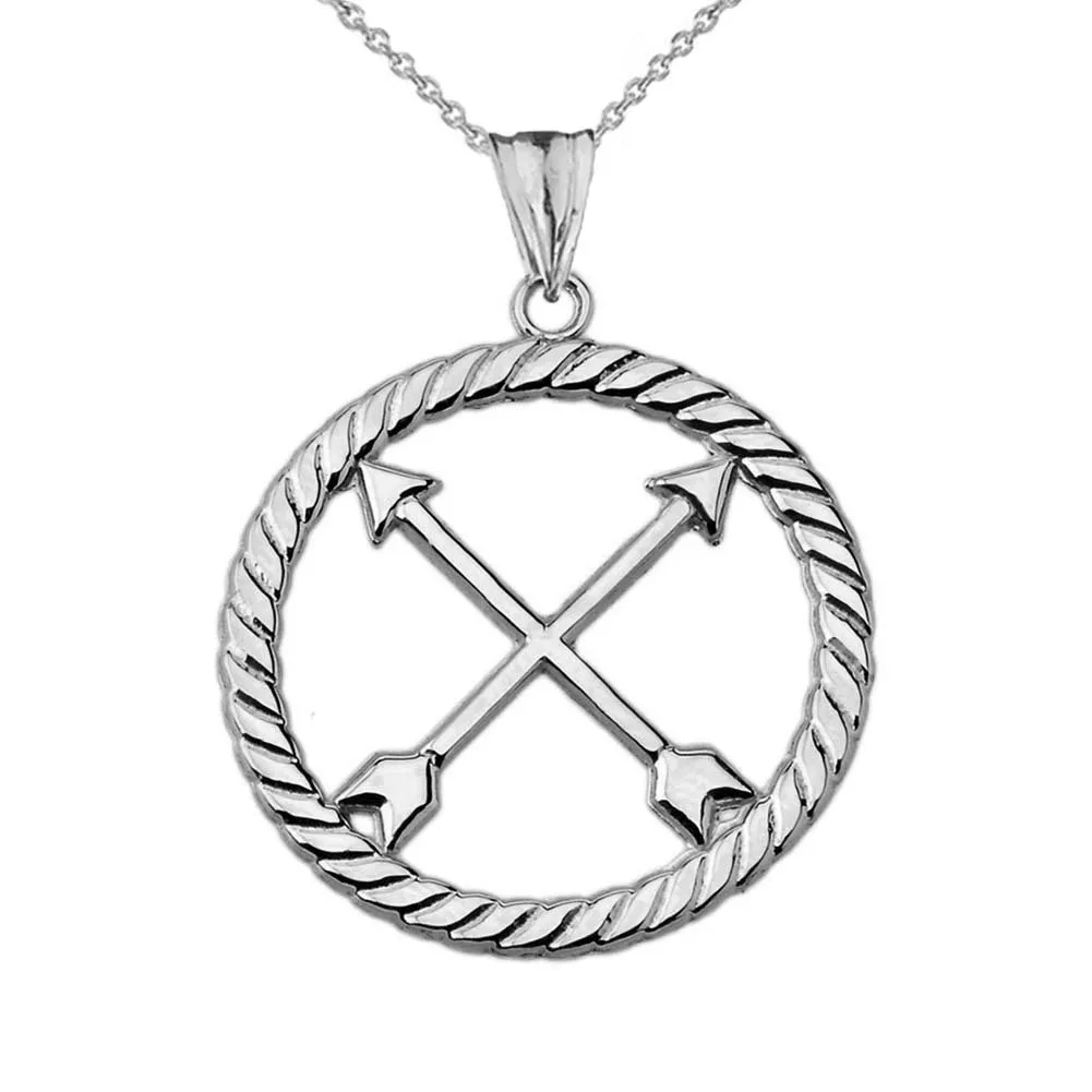 Fine 10k White Gold Crossed Arrows Friendship Pendant Necklace - Native American Symbol