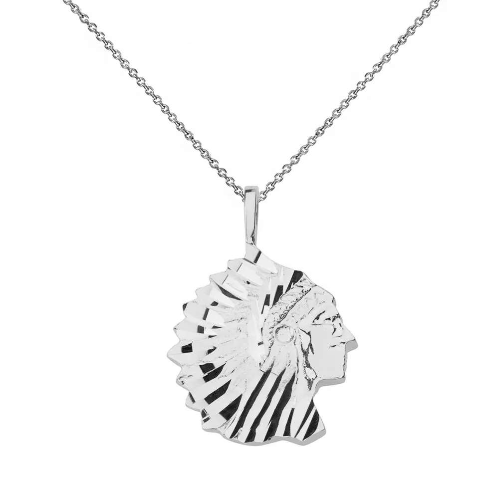 Fine 14k White Gold Tribal Native Indian Chief Head Pendant Necklace