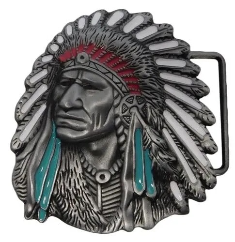 Flakita's Novelties Indian War Chief Belt Buckle - Pewter, Native American Warbonnet Design