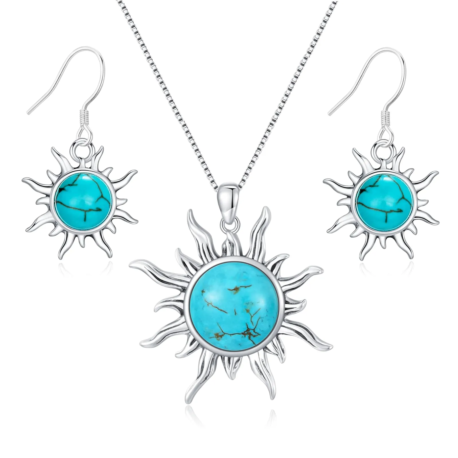 Genuine Sun Turquoise Jewelry Set for Women, Sterling Silver Necklace & Dangle Earrings