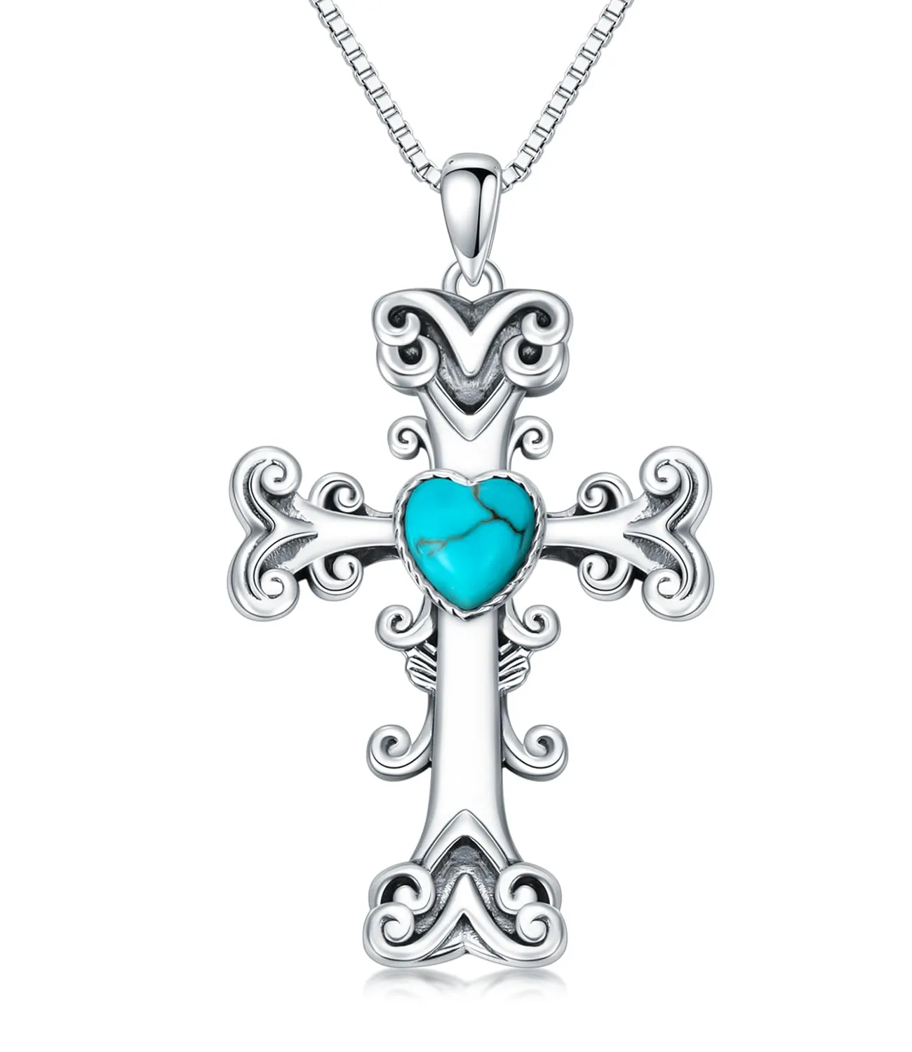 Genuine Turquoise Cross Necklace, 925 Sterling Silver, Native American Pendant for Women