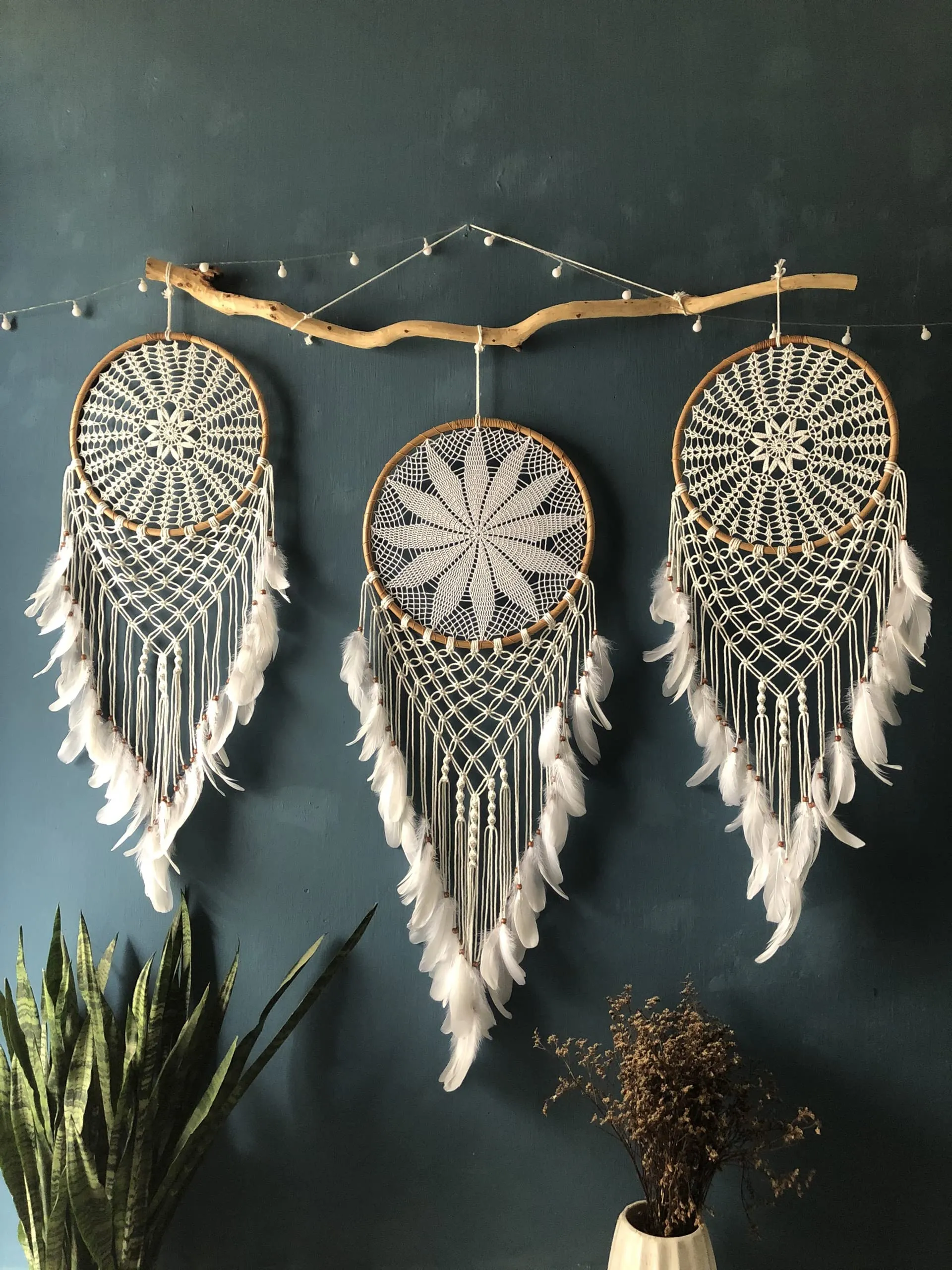 Giant White Dreamcatcher Set for Bedroom, Wedding & Garden Decoration