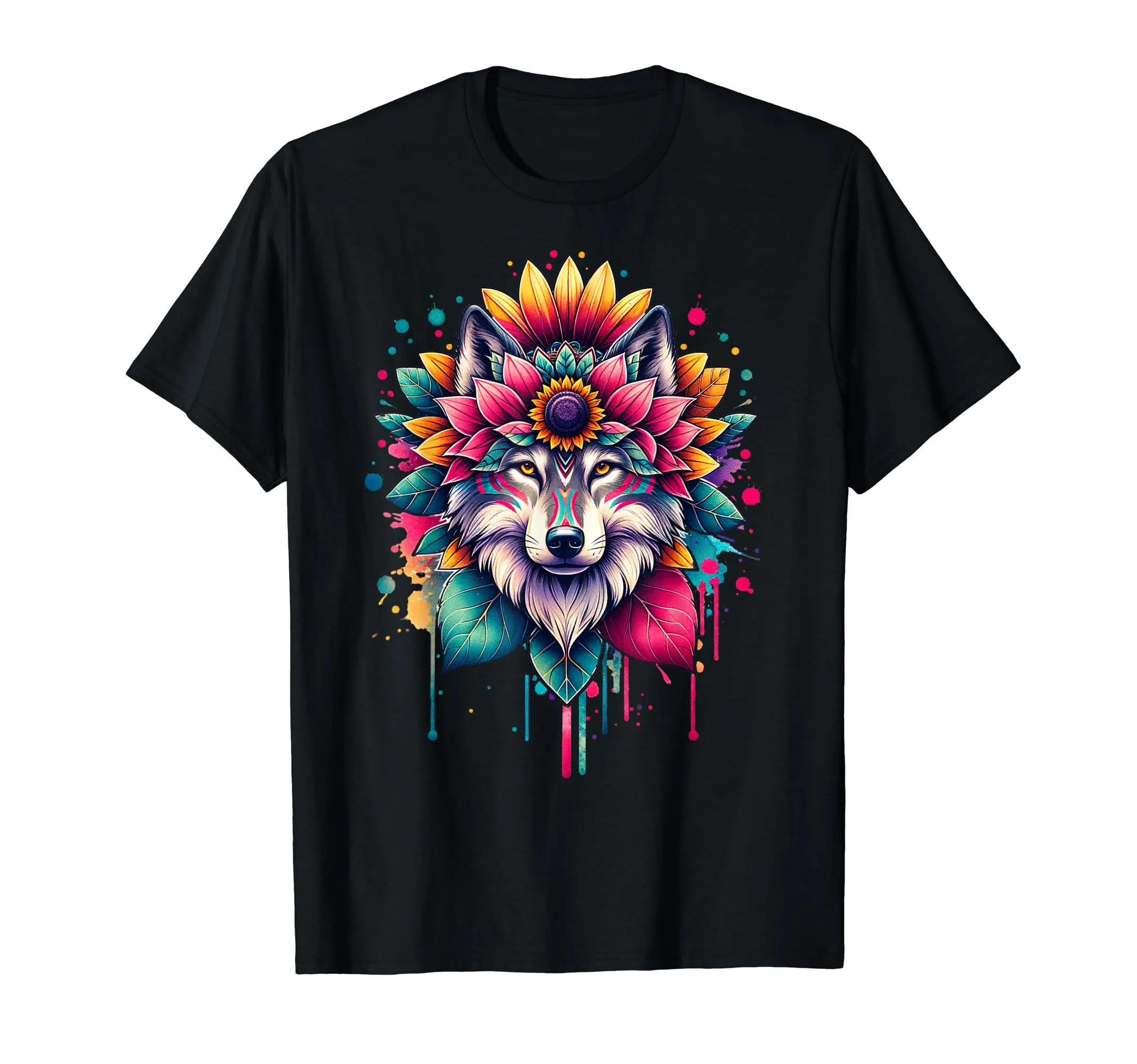 Graphic Women's T-Shirt - Native American Indian Wolf Flower - Lightweight, Classic Fit