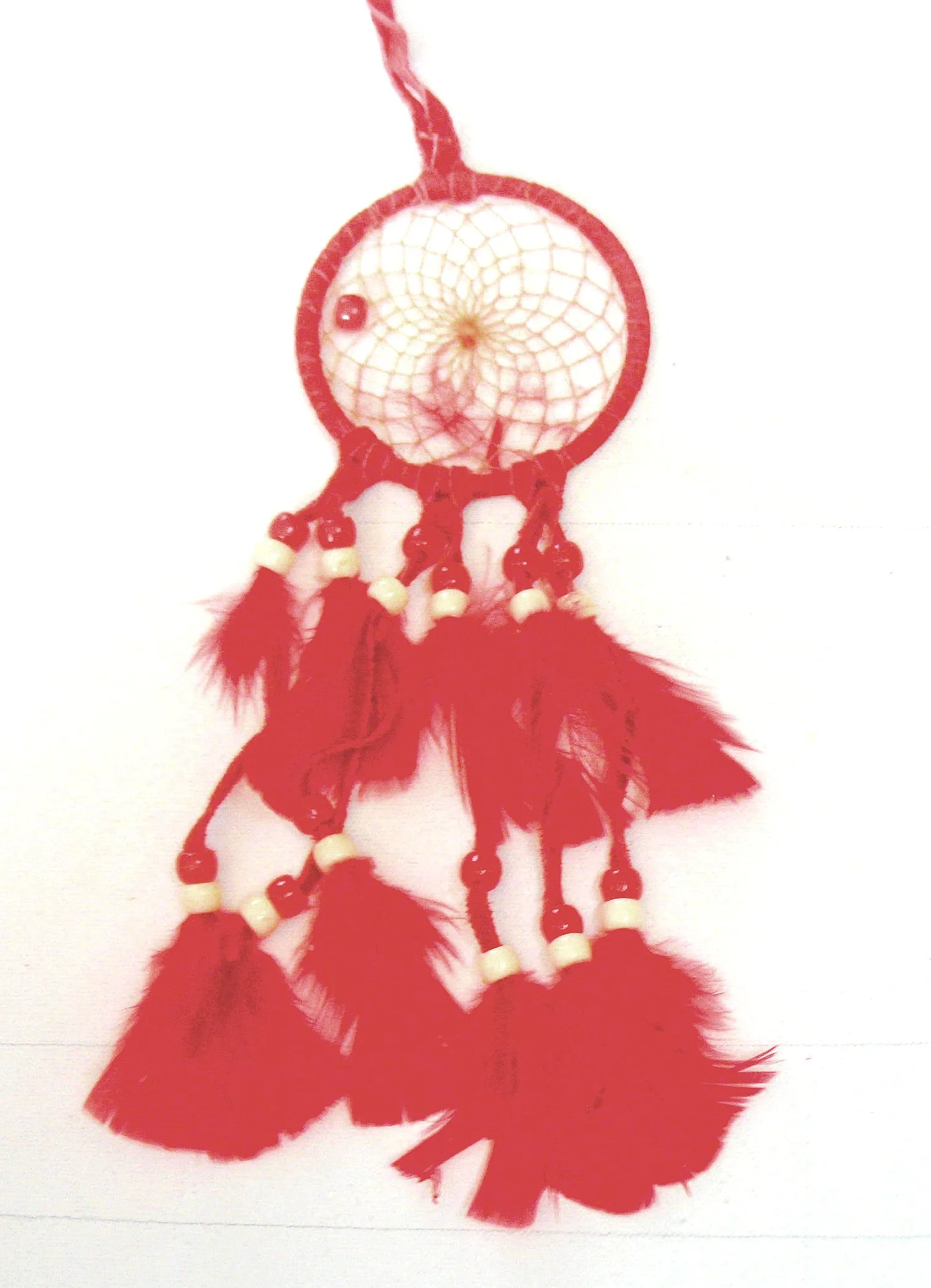 Hand Crafted Dream Catcher 4' Red Feathers Leather by Roger Enterprises