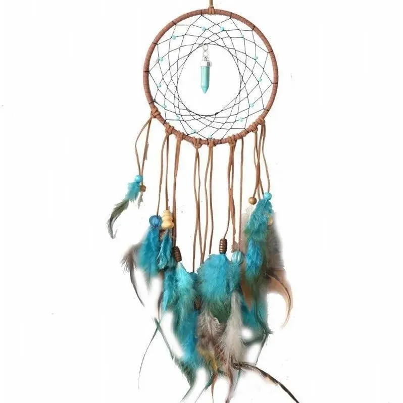 Handmade Dreamcatcher Wall Hanging with Turquoise Feathers, Beads, and Charms