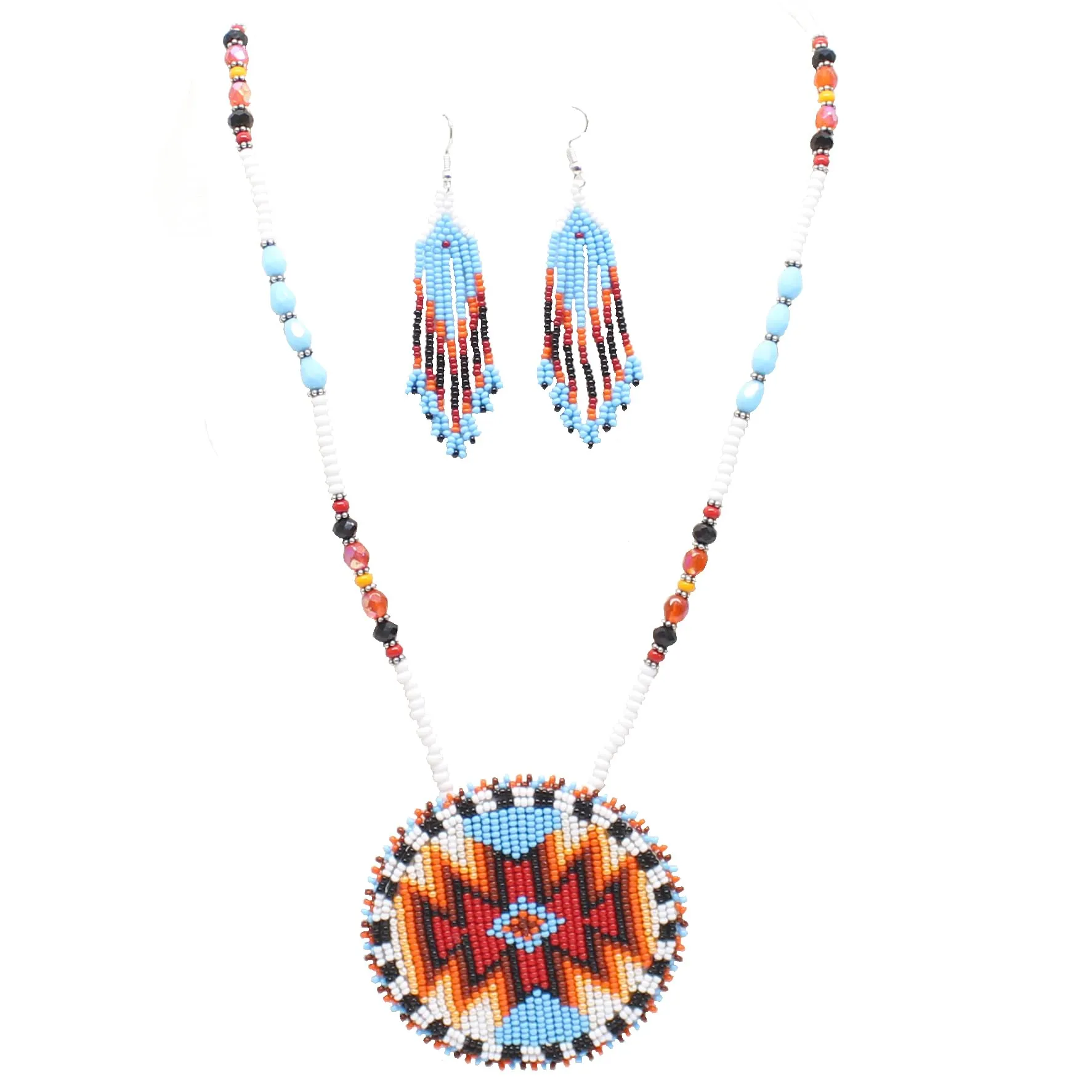 Handmade Multicolour Beaded Indian Necklace Set with Long Medallion Design and Earrings