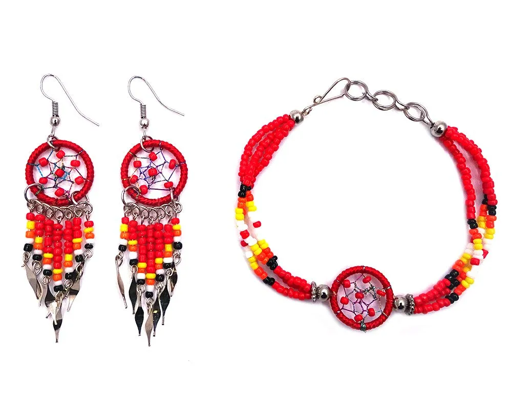 Handmade Native American Style Dream Catcher Bracelet & Dangle Earrings Jewelry Set