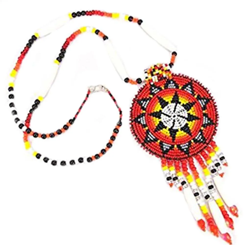 Handmade Red Beaded Long Medallion Necklace & Earrings Set - Unique Native American Jewelry