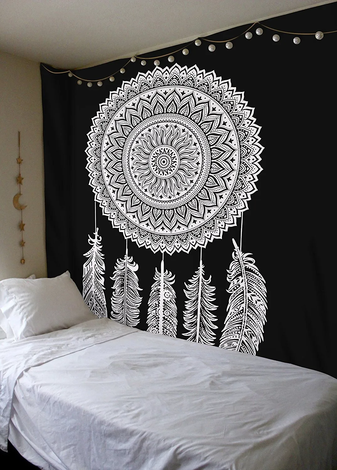 Indian Black and White Tapestry 82x92 inches, Dreamcatcher Wall Hanging, Bohemian Art