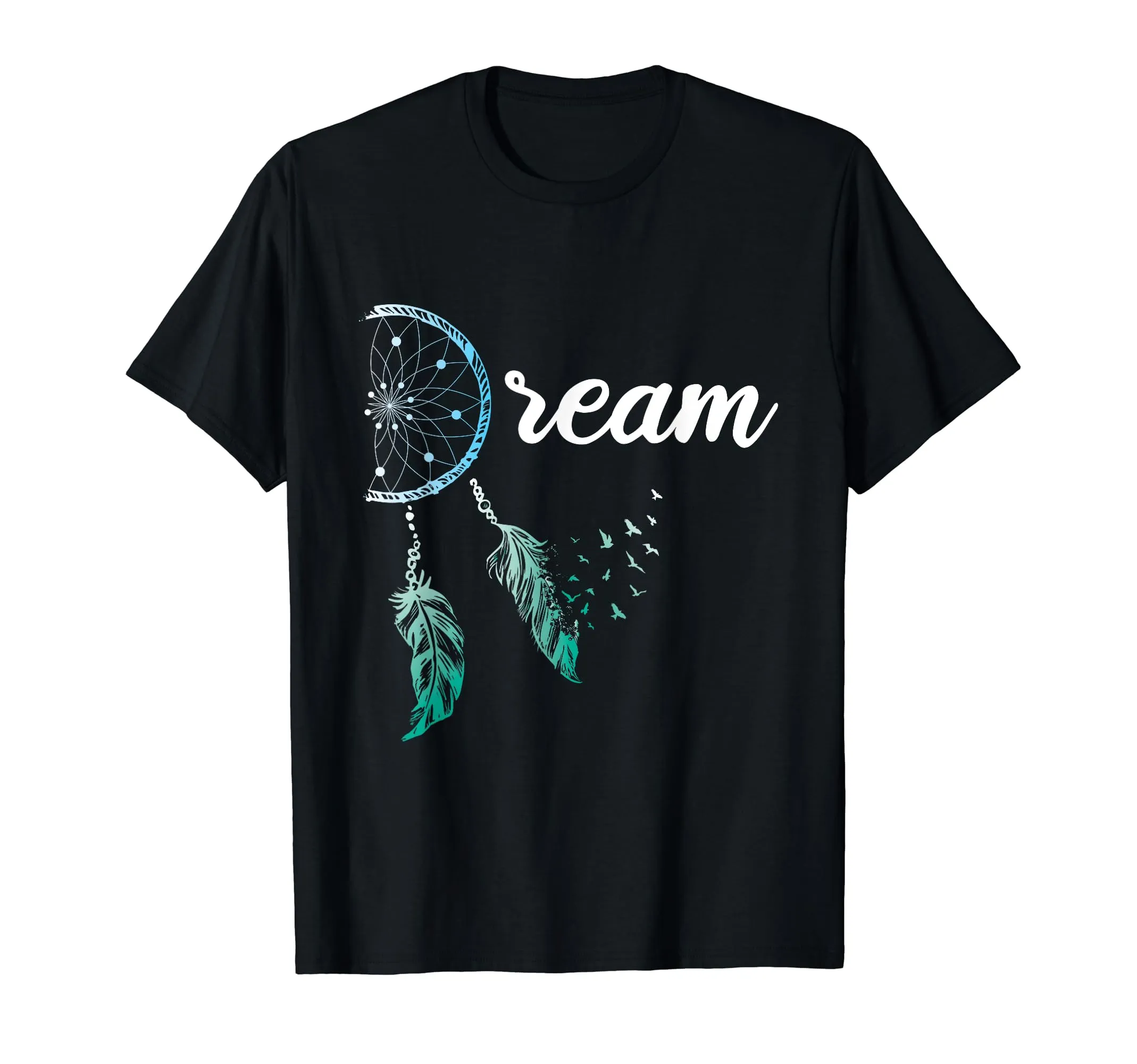 Indian Native American Dreamcatcher Boho Chic T-Shirt with Mystical Feather and Flying Birds