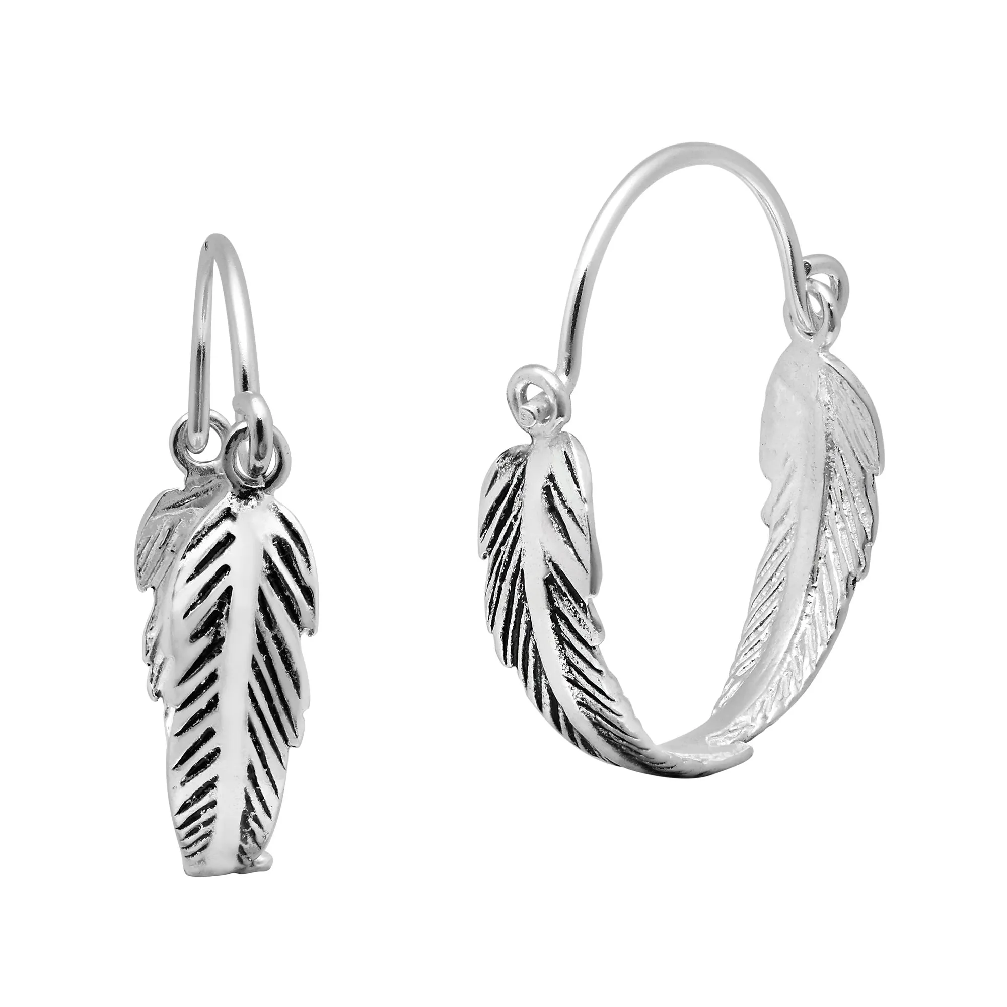 Inspirational Feather Hoops .925 Sterling Silver Earrings for Boho Chic & Western Fashion