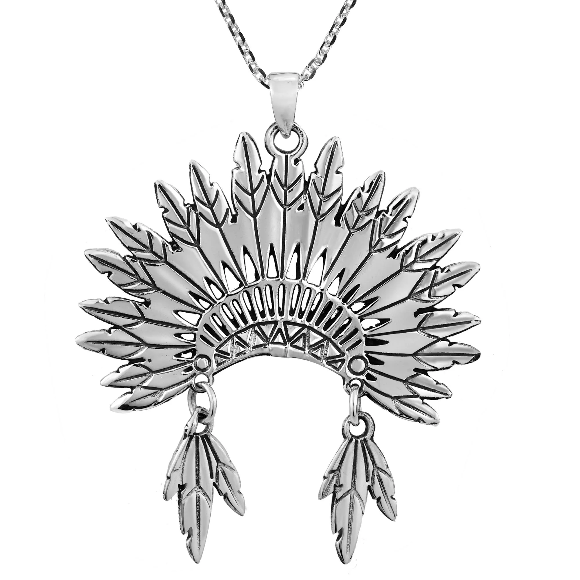 Intricate Native American Chief Headdress Pendant Necklace in .925 Sterling Silver, 18' Chain