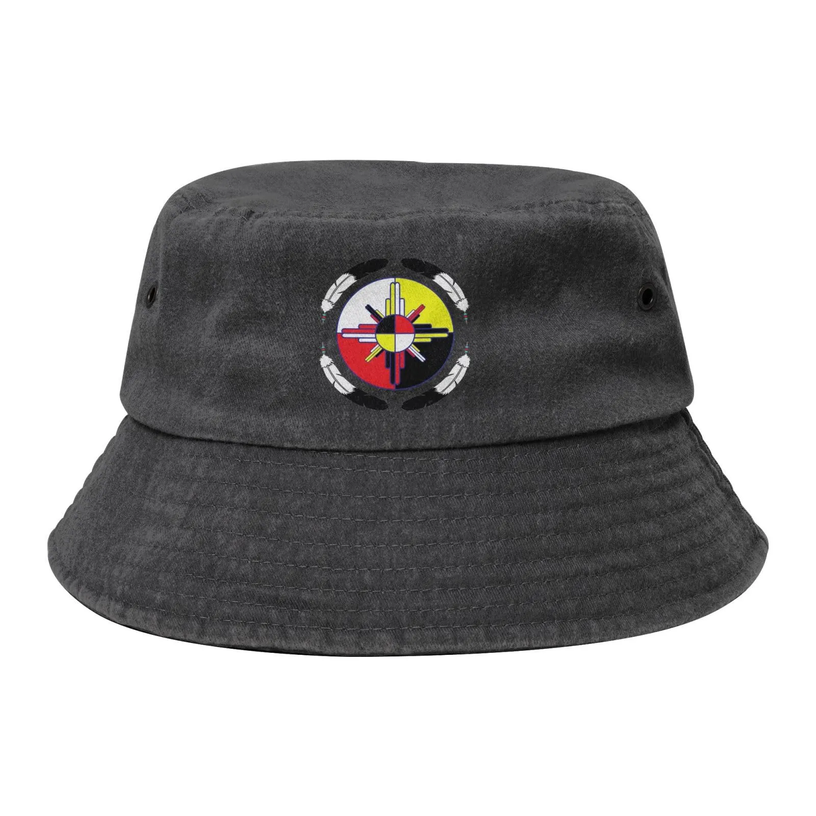 Medicine Wheel Native American Bucket Hat - Women's & Men's Summer Denim Fisherman Cap