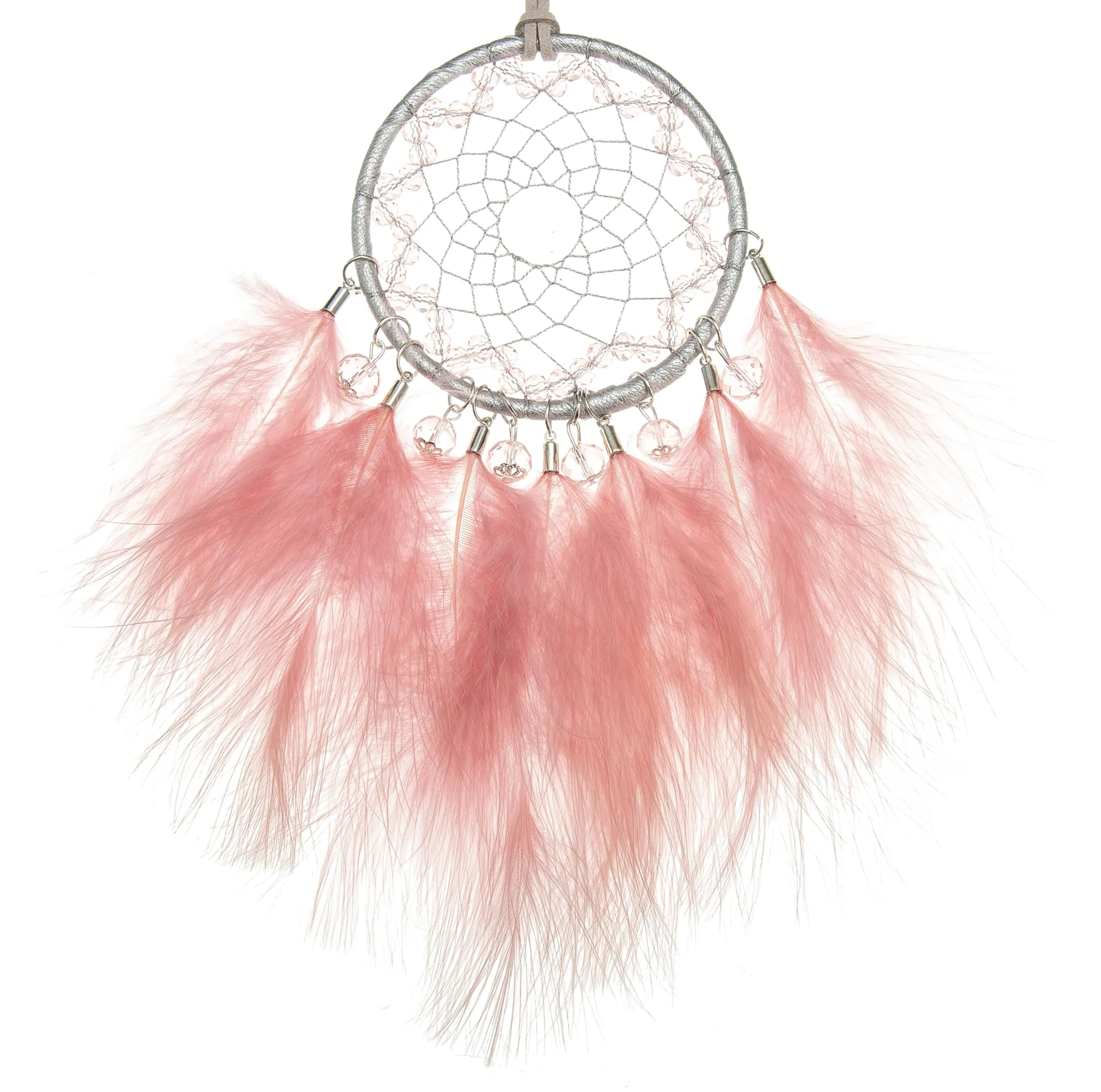 Mini Dream Catchers - Light Pink Turkey Feathers & Natural Leather, Handmade Small Dreamcatcher