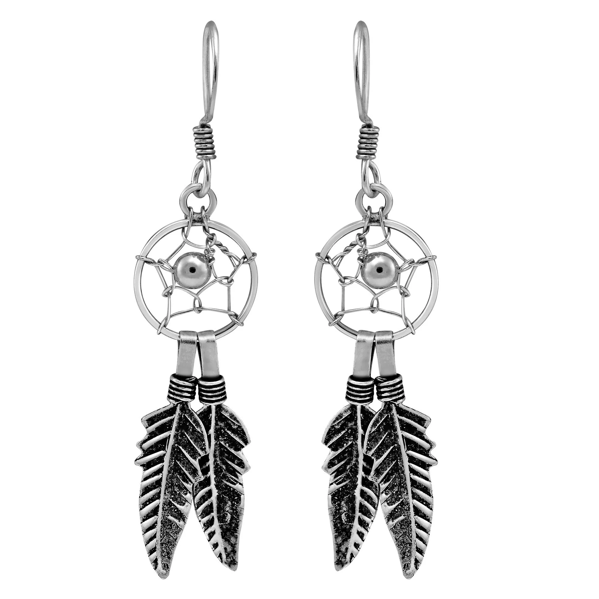 Mystical .925 Sterling Silver Native American Dreamcatcher Dangle Earrings with Feather Accents