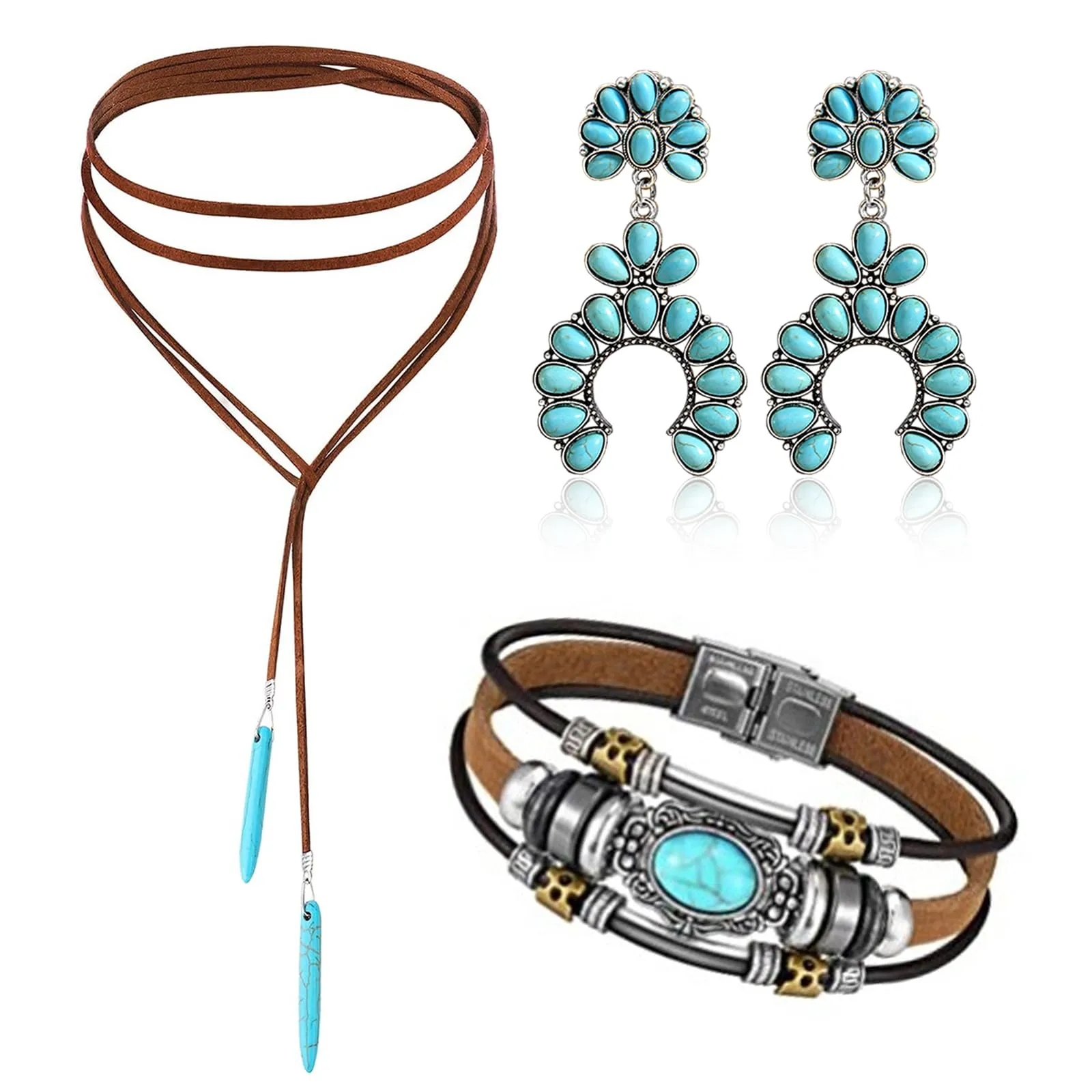 Native American Bohemian Feather Charm Handmade Leather Choker Necklace Set with Turquoise