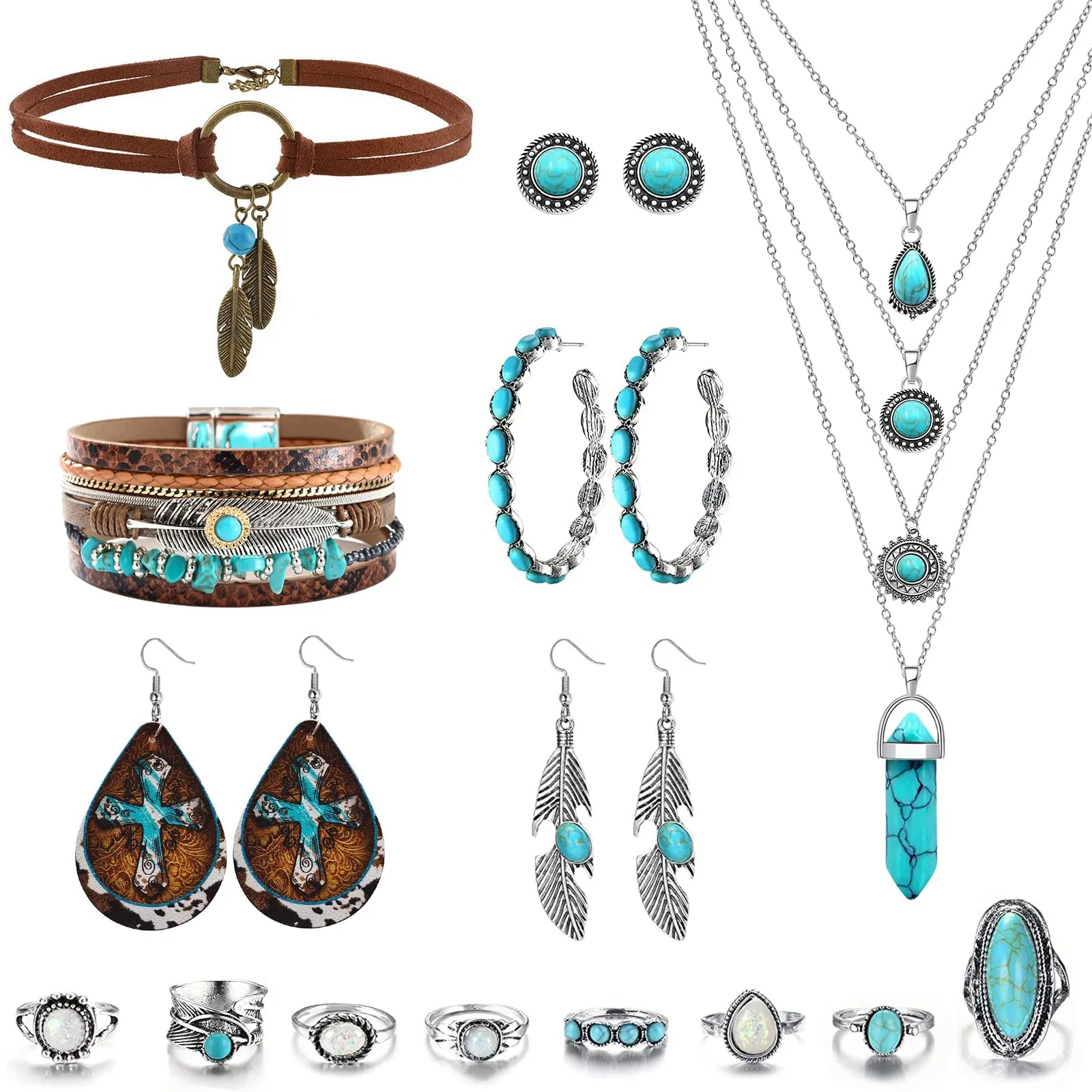 Native American Bohemian Turquoise Charm Choker Necklace Set - Handmade PU Leather Jewelry