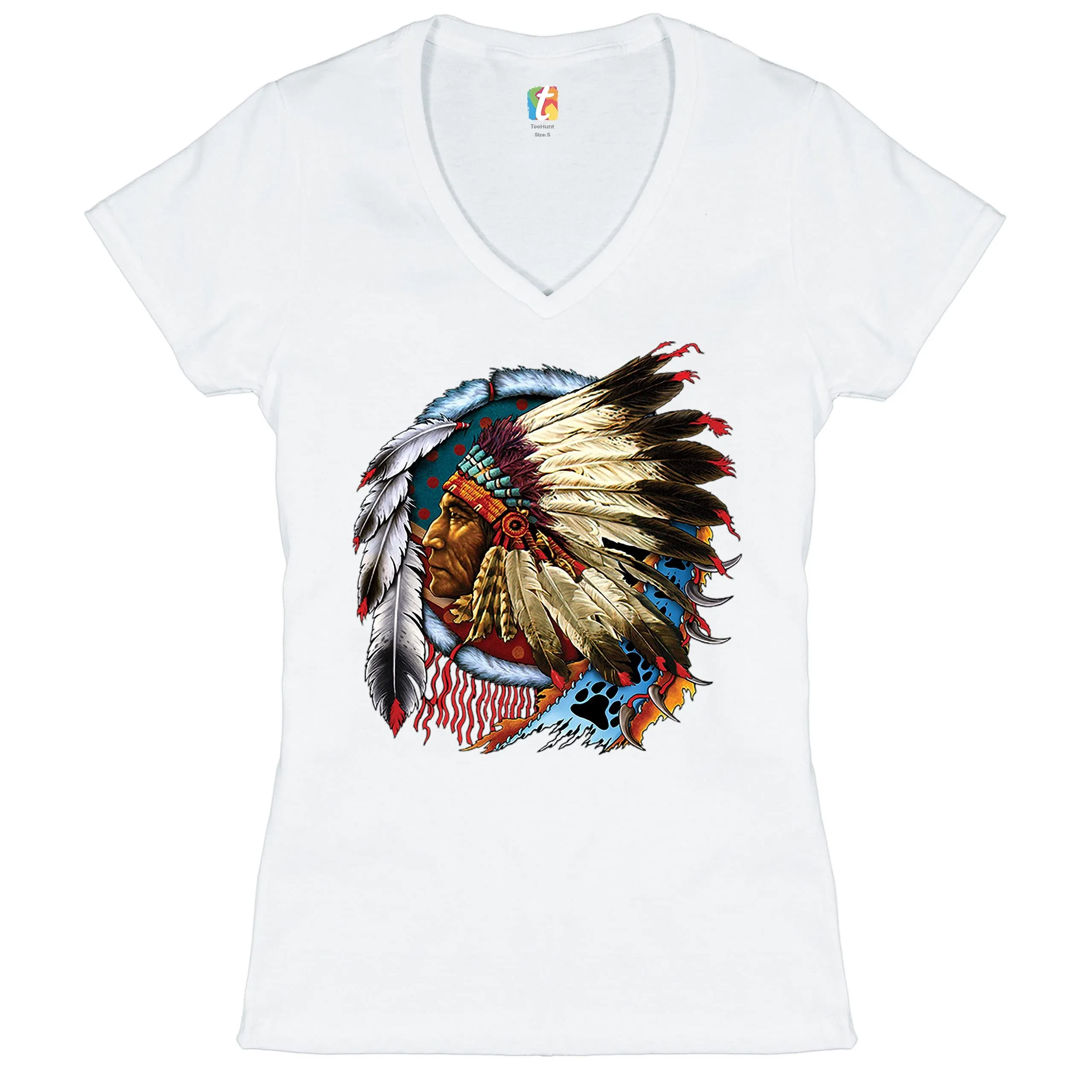 Native American Chief Women's V-Neck T-Shirt - War Bonnet Dreamcatcher Tee in Medium