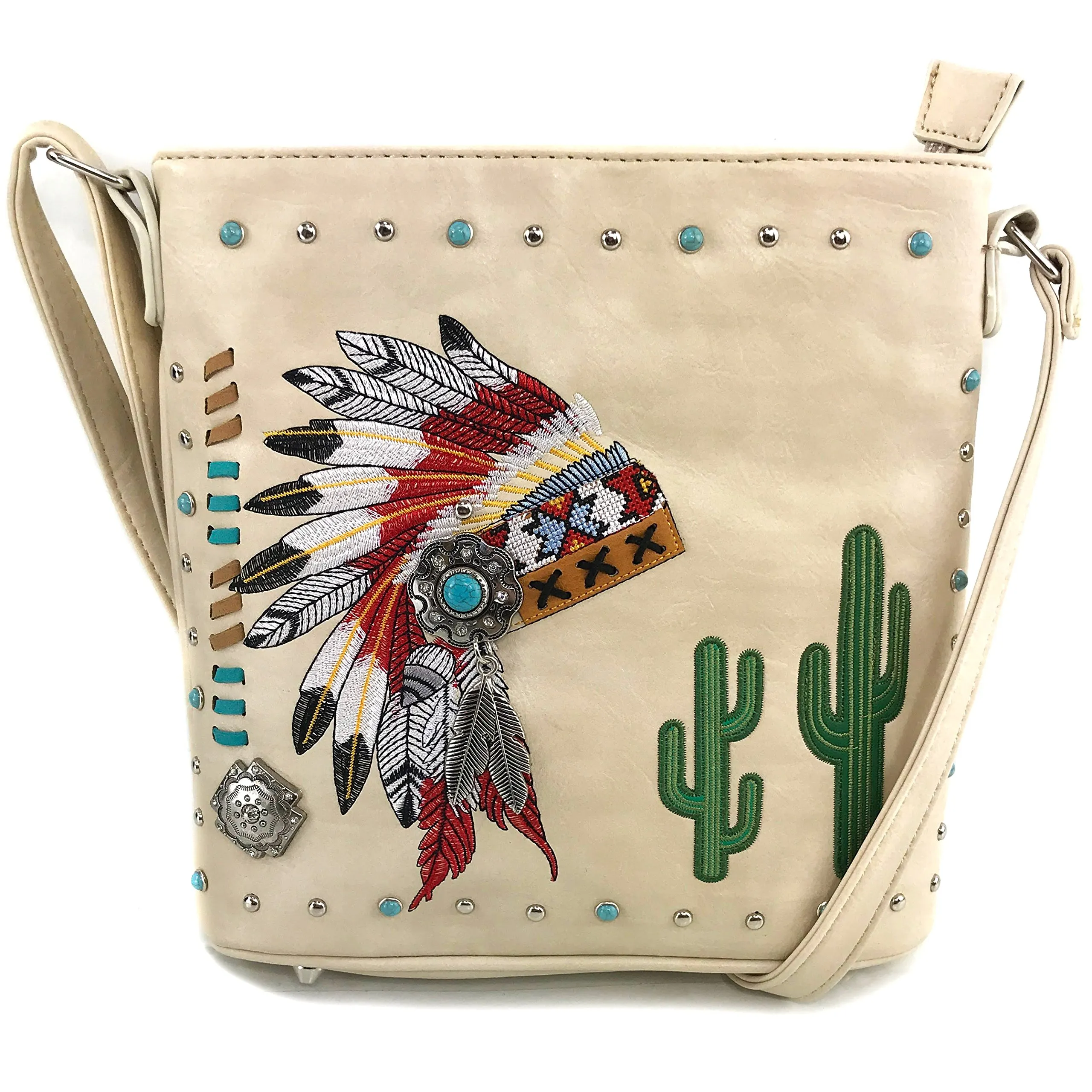 Native American Chieftain Cactus Feathers Embroidered CCW Concealed Carry Shoulder Purse