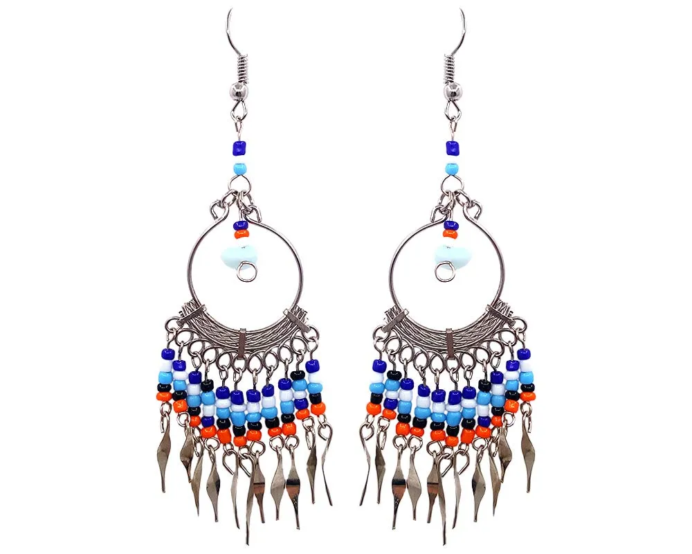 Native American Chip Stone Round Silver Hoop Dangle Earrings - Handmade Women's Jewelry