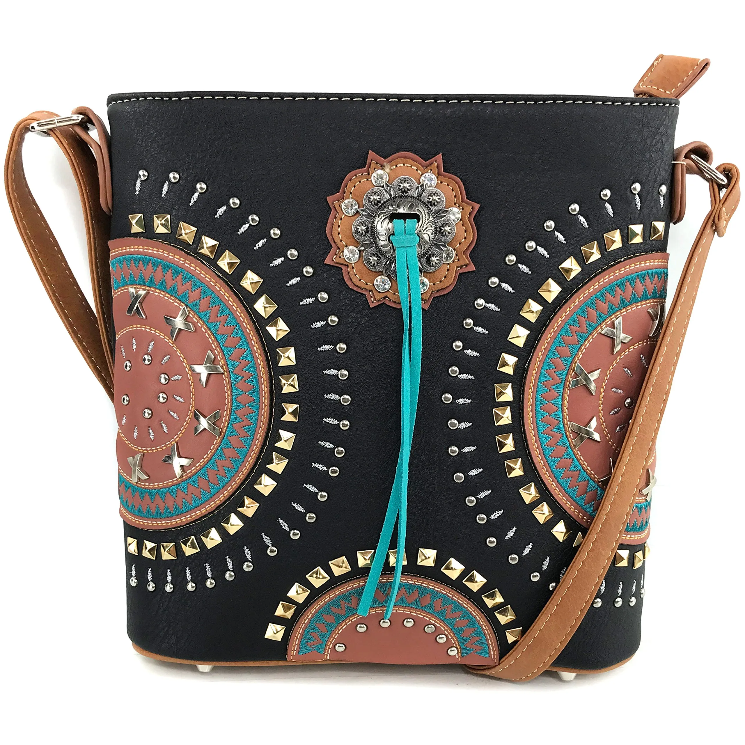 Native American Circle Mountain Gold Studs Concealed Carry Purse Handbag with Adjustable Strap