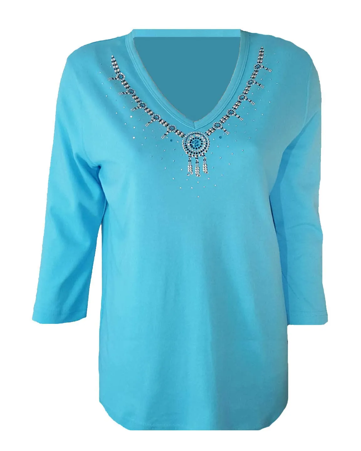 Native American Concho Bling Aqua Vneck Shirt Small 3/4 Sleeves with Rhinestone Design