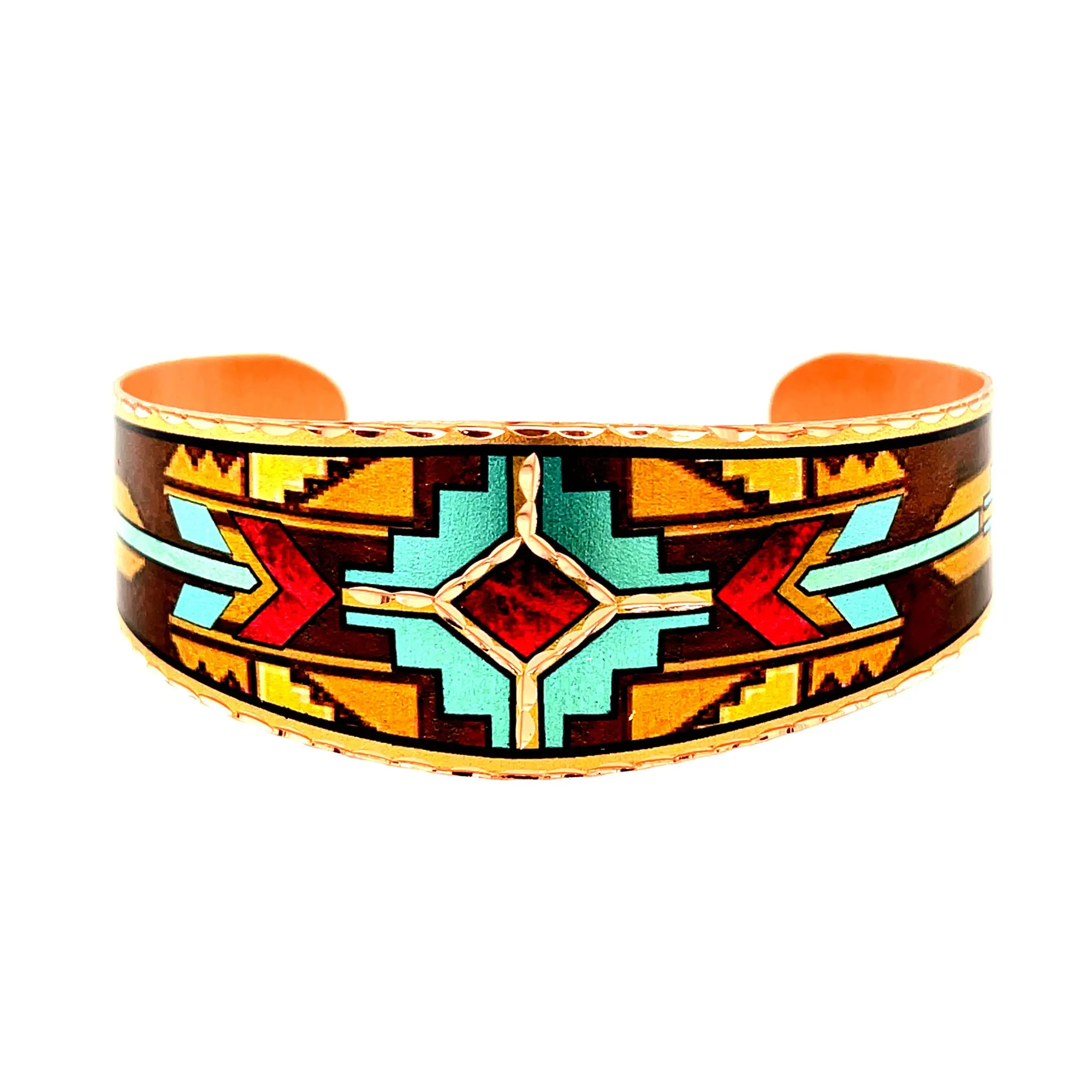 Native American Copper Cuff Bracelet with Tribal Patterns in Zuni/Aztec/Navajo Designs