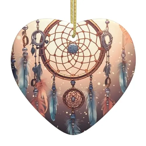 Native American Dream Catcher Heart-Shaped Ceramic Christmas Ornament, Double-Sided, 2.72'