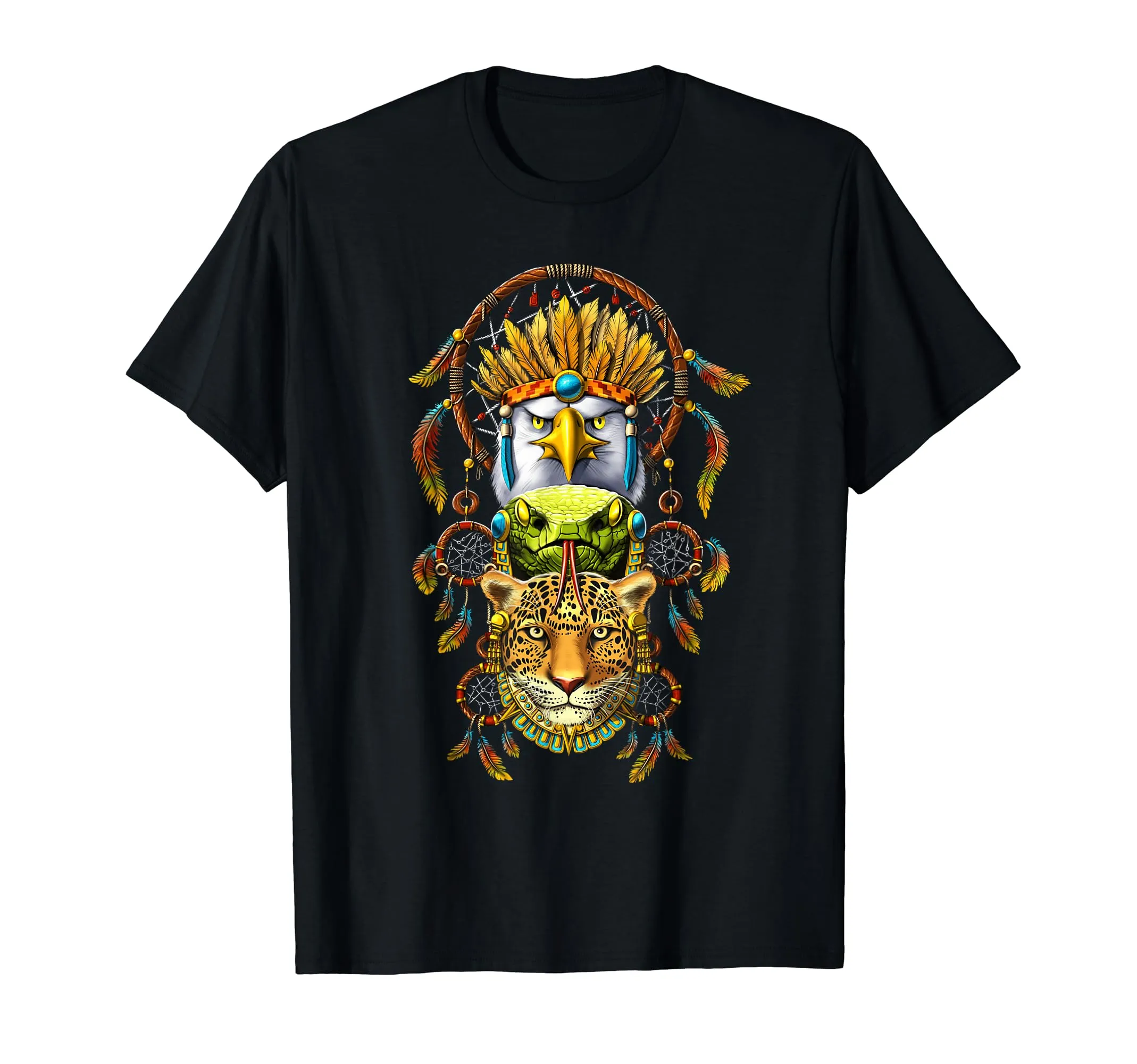 Native American Dreamcatcher T-Shirt - Aztec Jaguar & Mayan Gods, Lightweight Classic Fit